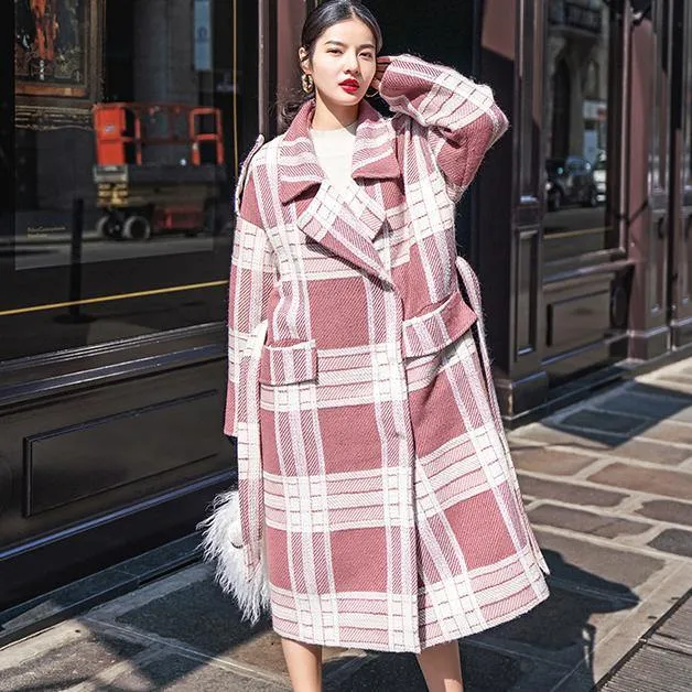 2018 Plaid Wool Coat casual Notched tie waist maxi coat Fashion pockets coat