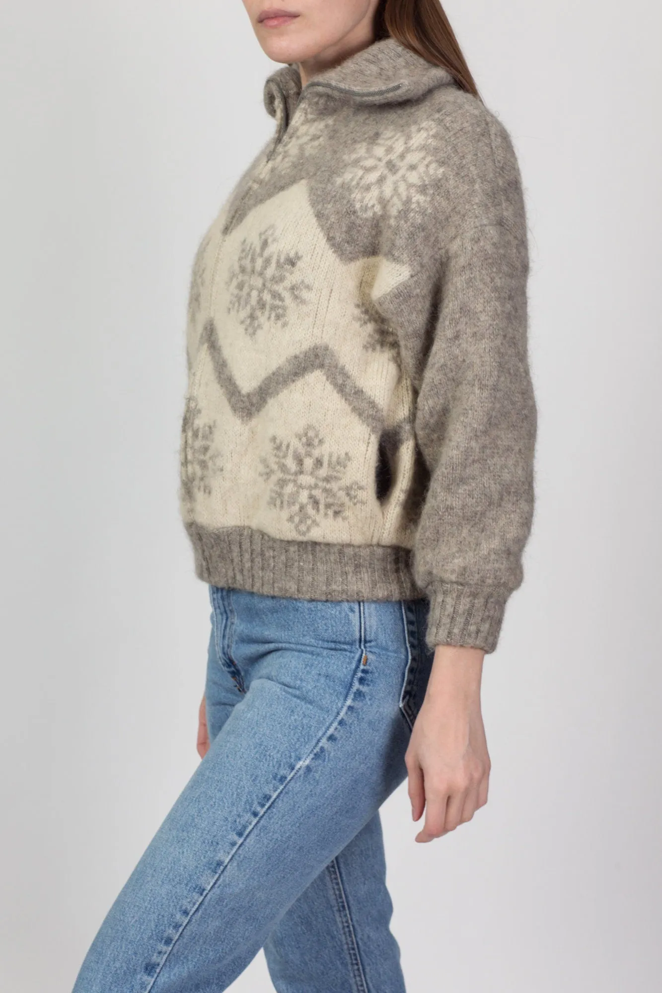 70s Hilda Icelandic Cropped Snowflake Sweater Coat - Women's Small