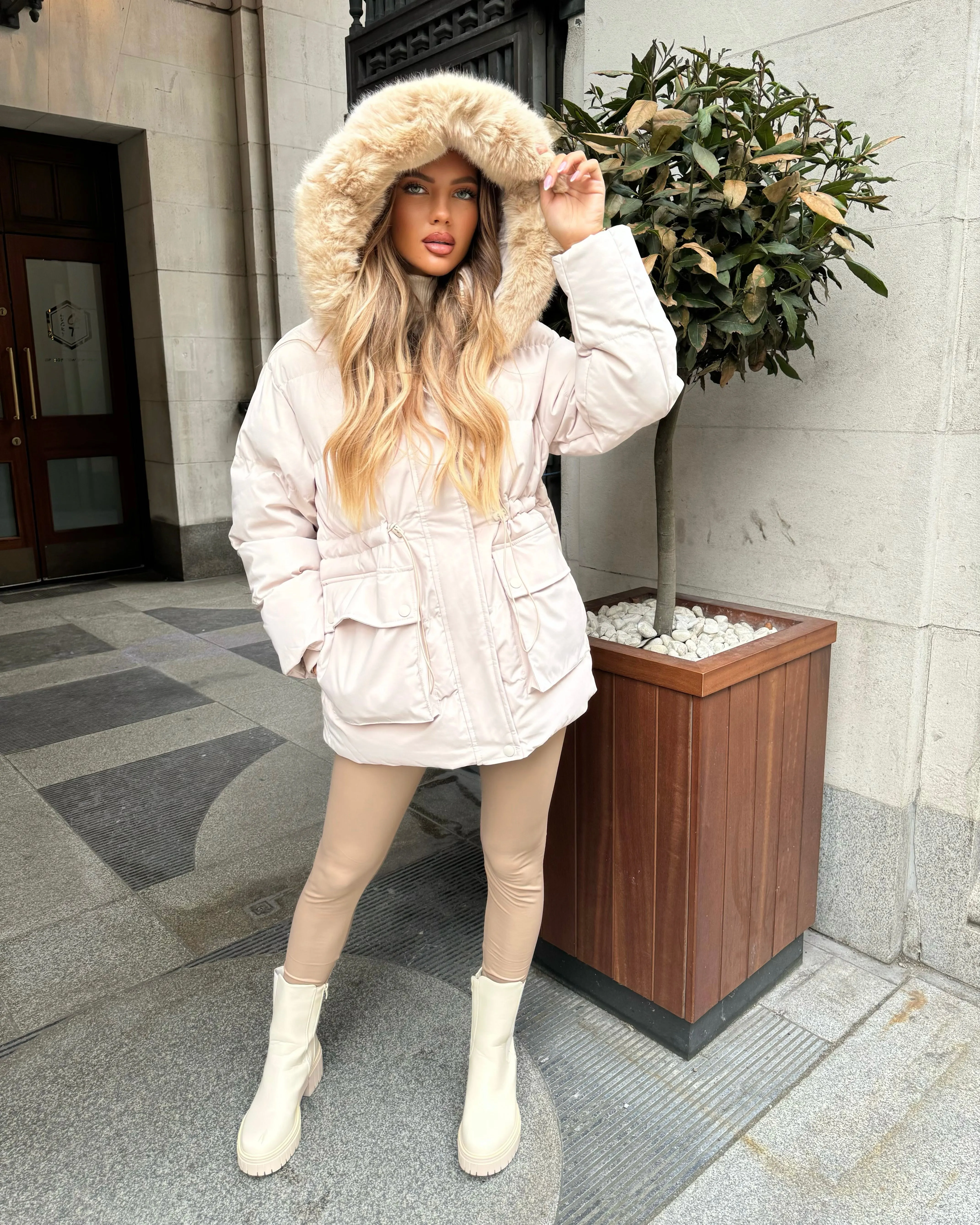 Aaliyah Padded Faux Fur Hooded Coat - Beige