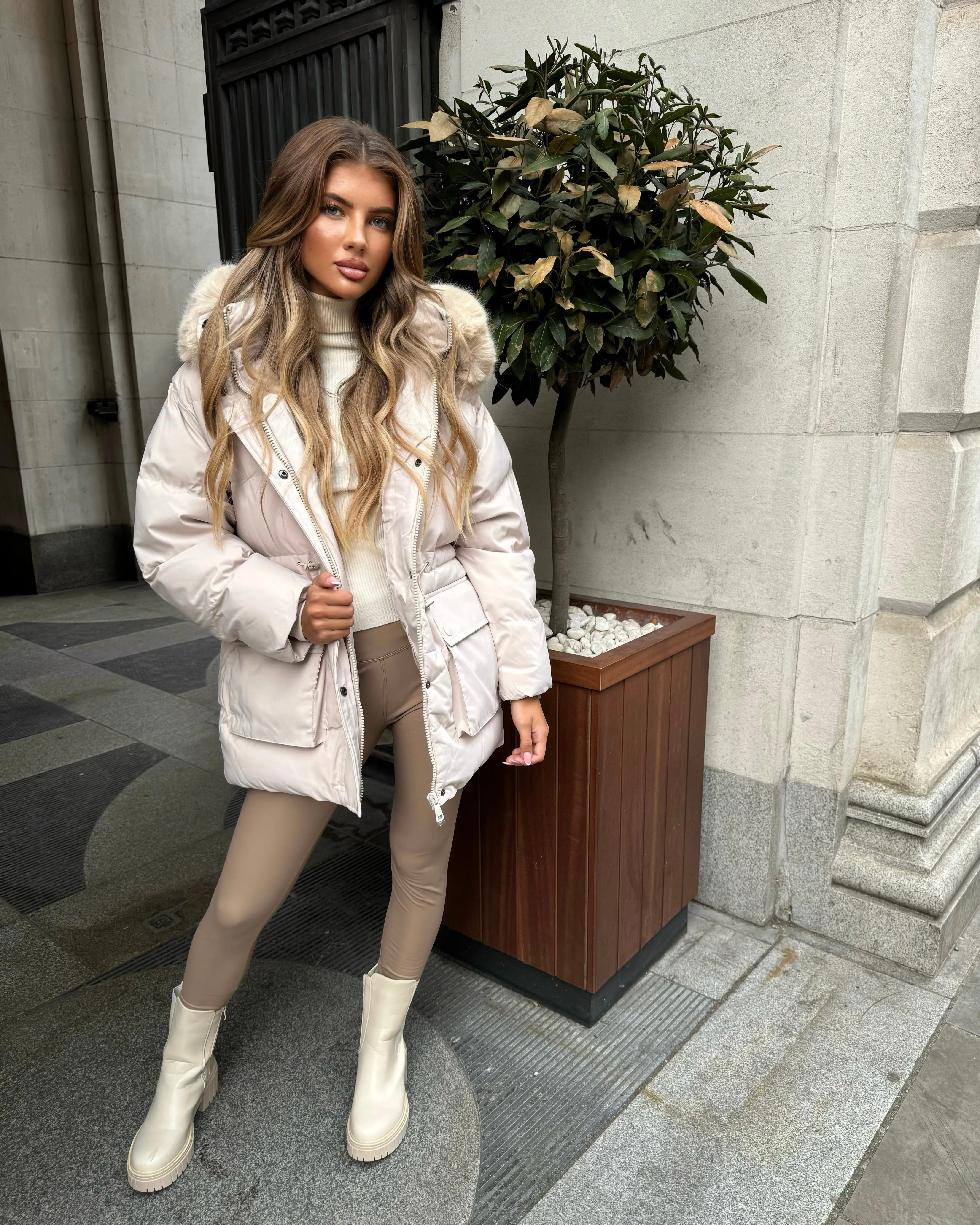 Aaliyah Padded Faux Fur Hooded Coat - Beige