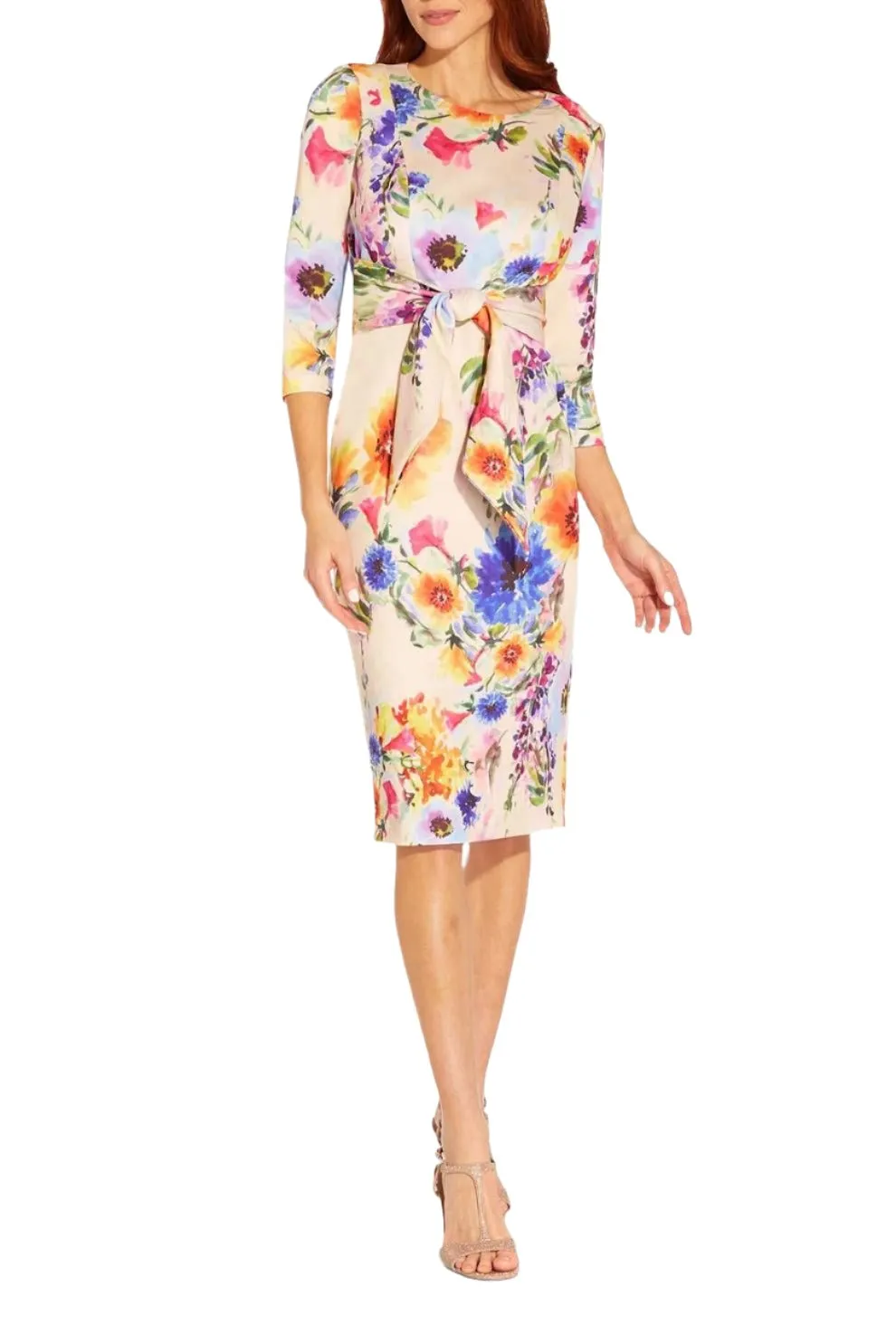 Adrianna Papell Floral Print Tie Front Midi Sheath Dress