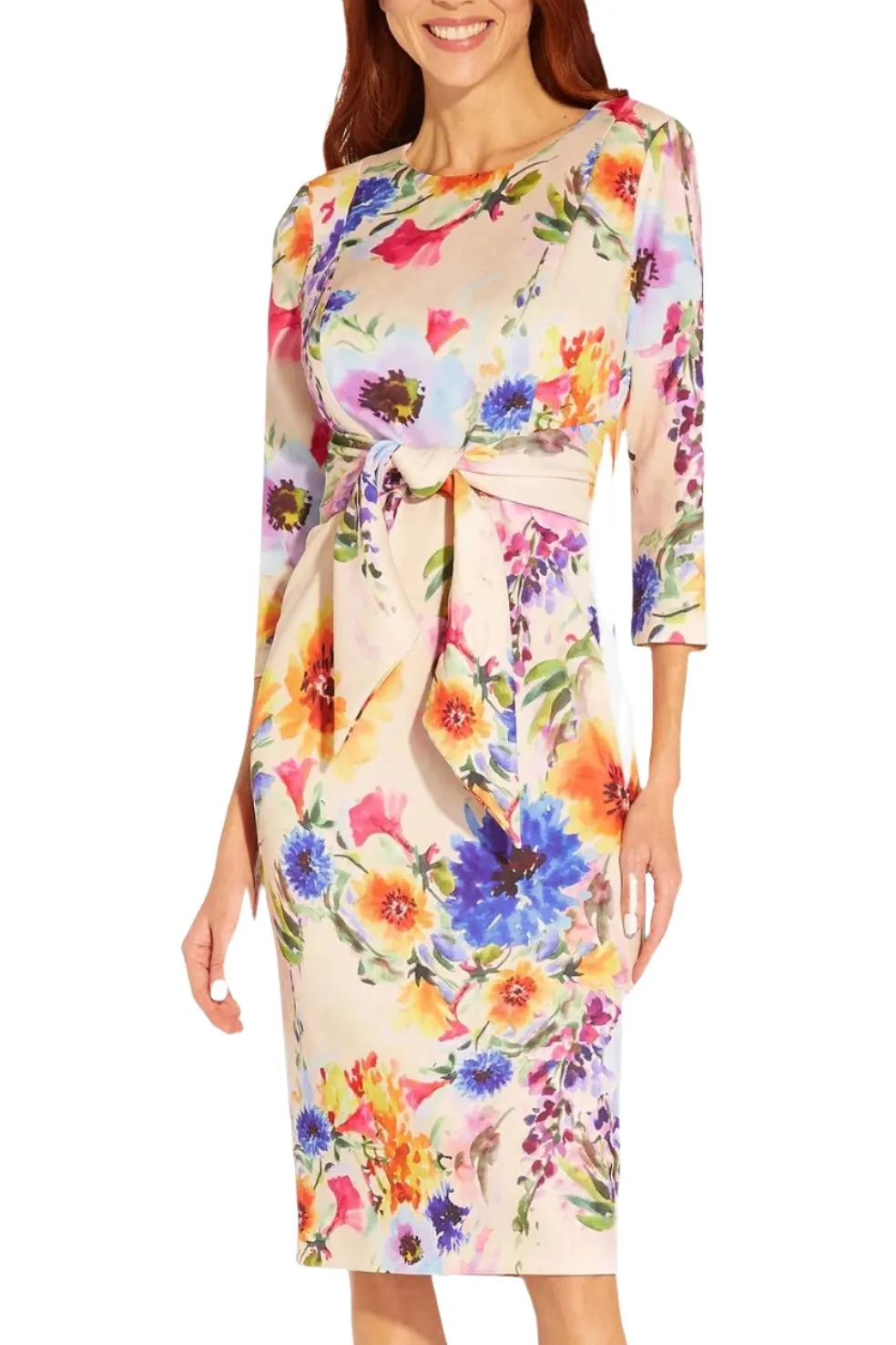 Adrianna Papell Floral Print Tie Front Midi Sheath Dress