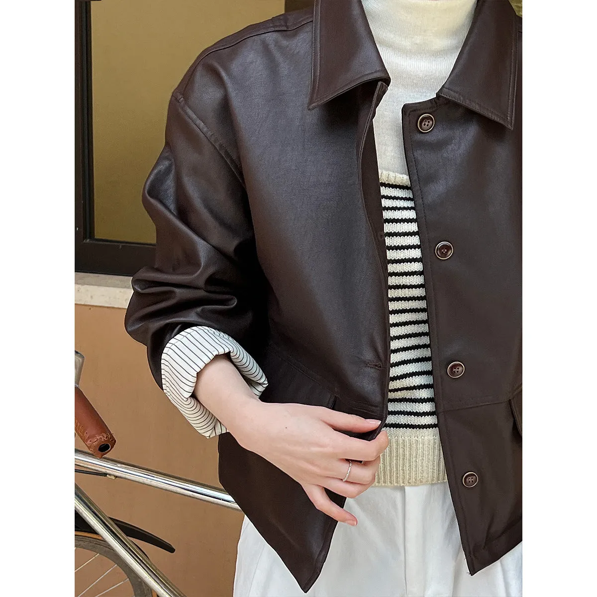 Advbridge business casual men Luxi Retro PU Leather Coat Women's Design Contrast Color Autumn New High-Grade Motorcycle Jacket Overcome 9687