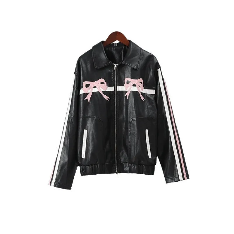 Advbridge concert outfit ideas 2024 Spring Women's Leather Clothing Personality Street Sweet Cool Bow Pu Motorcycle Leather Jacket Coat