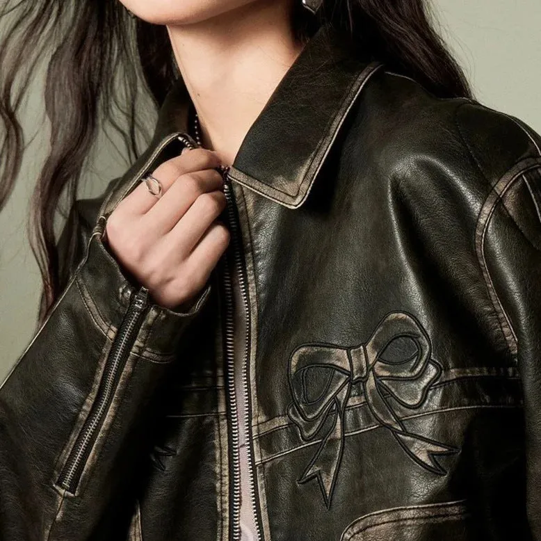 Advbridge concert outfit ideas 2024 Spring Women's Leather Clothing Personality Street Sweet Cool Bow Pu Motorcycle Leather Jacket Coat