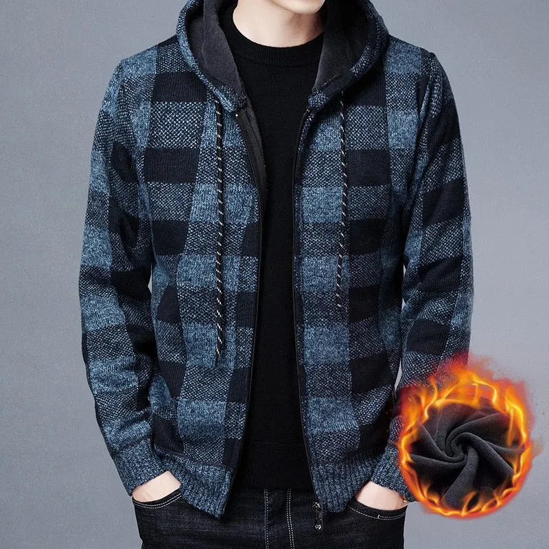 Advbridge New Men&#39;s Fleece Thickened Cardigan Knit Sweater / Male Loose Warm Hooded Add Wool Jacket Coat