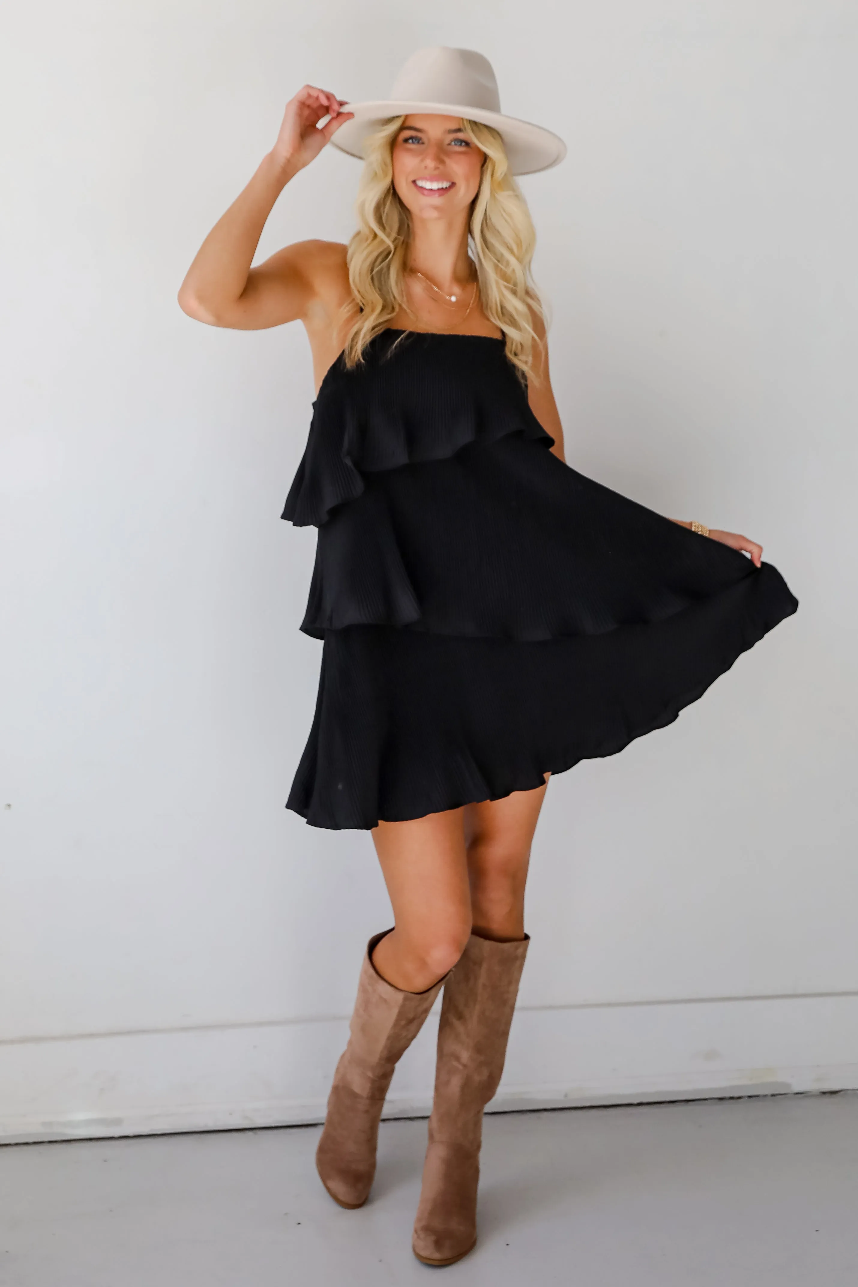 Aesthetically Chic Black Plisse Tiered Mini Dress - DOORBUSTER