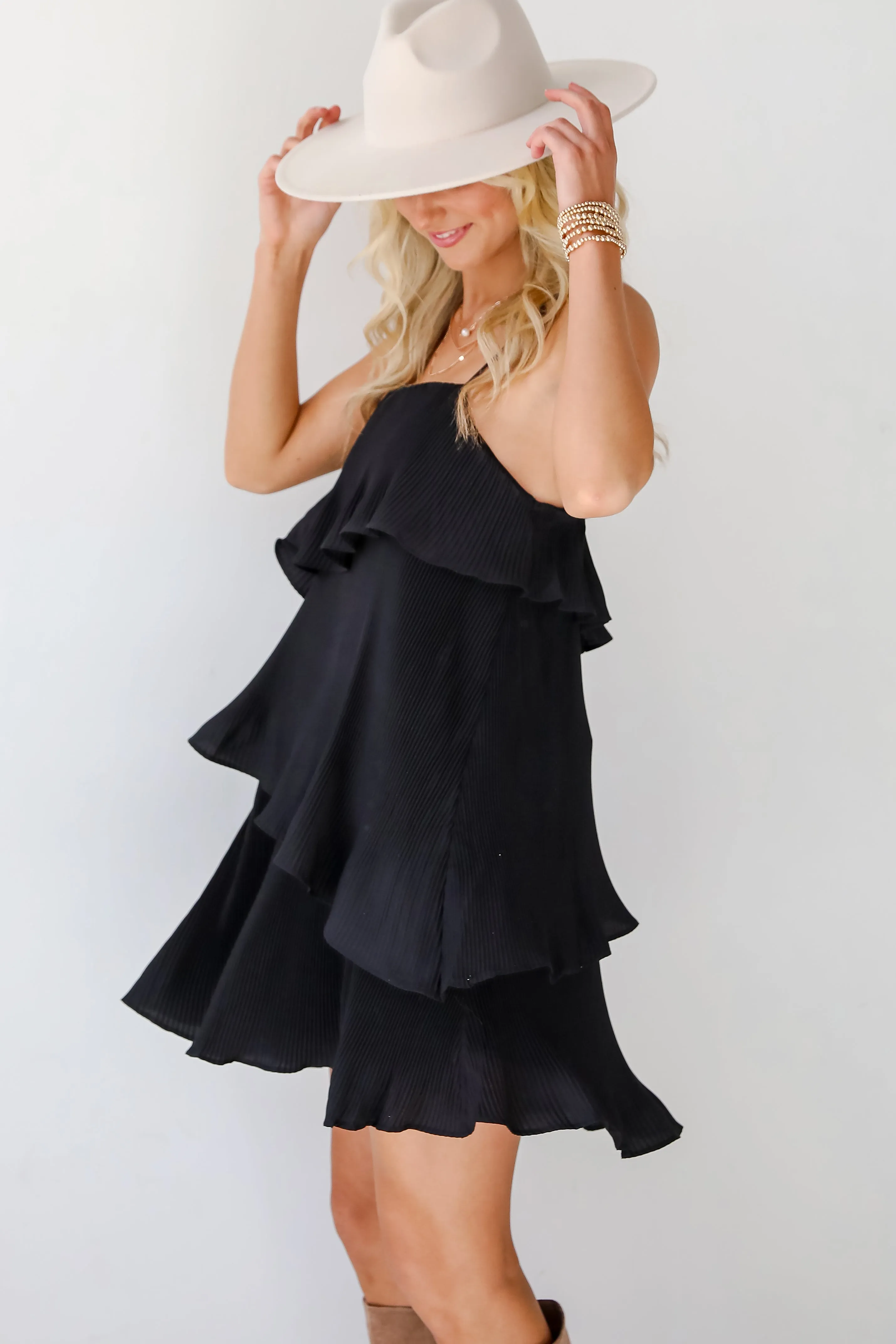 Aesthetically Chic Black Plisse Tiered Mini Dress - DOORBUSTER