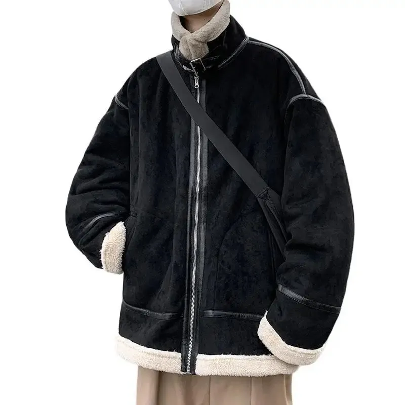 Aidase Jacket Suede Cotton Coat Men's Winter Trend Ins Loose Collar Thick Cotton Coat Trendy Brand Fur Integrated Motorcycle Jacket