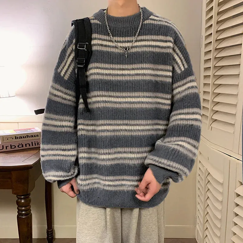 Aidase Winter Velvet Sweater Men Warm Striped Knitted Pullover Men Streetwear Korean Loose Long Sleeved Sweater Mens Jumper Clothes