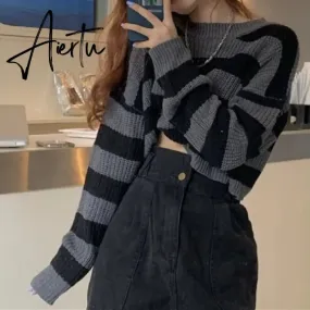 Aiertu Korean Style Striped Cropped Sweater Women Vintage Oversize Knit Jumper Female Autumn Long Sleeve O-neck Pullovers Tops