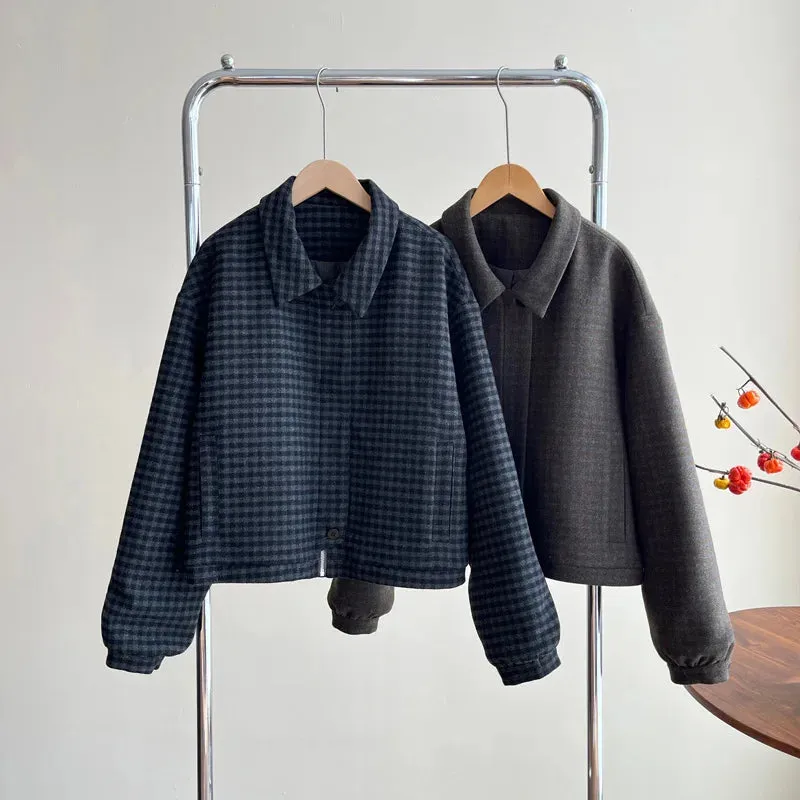 Amozae-Autumn Casual Outfits Amozae-Plaid Vintage Wool Jacket Loose Collar Casual Black Cotton Coat