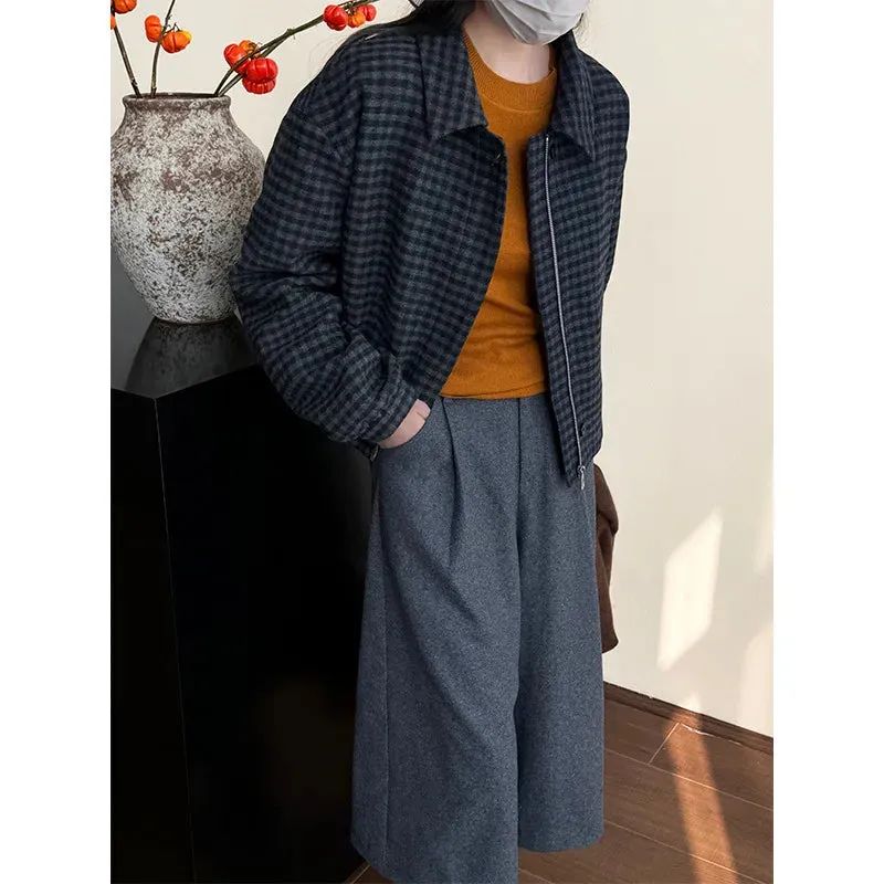 Amozae-Autumn Casual Outfits Amozae-Plaid Vintage Wool Jacket Loose Collar Casual Black Cotton Coat