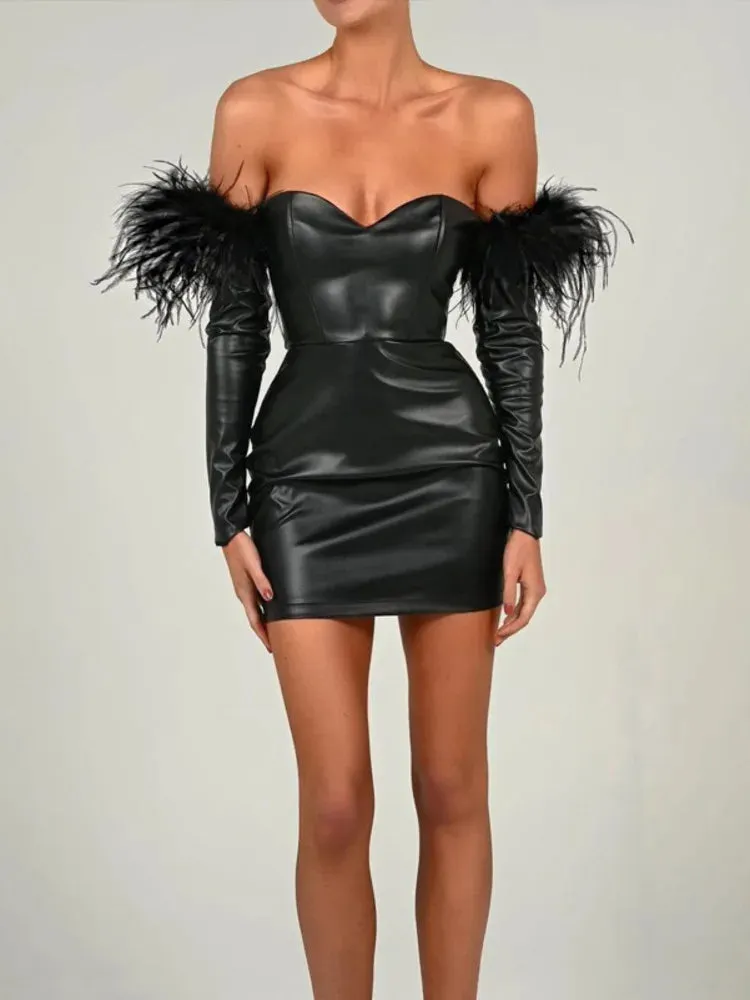 Amozae-hoco dresses Amozae Off-shoulder Feather Sleeve PU Leather Mini Dress For Women Robe Strapless Backless Sexy Party Short Dress Vestido