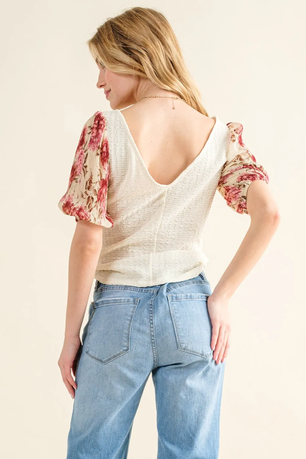 And The Why Full Size Floral Print Textured Sleeve Knit Top