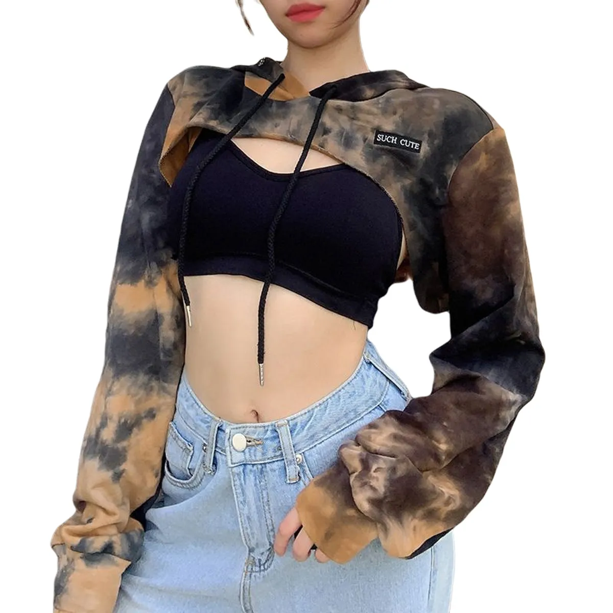 Autumn Short Sweatshirts Hoodies Tie-dye Crop Top Jumper Pullover Clubwear Casual Streetwear