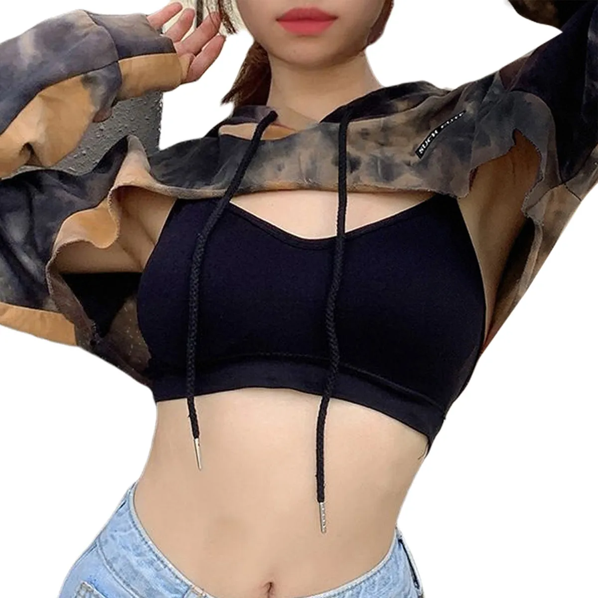 Autumn Short Sweatshirts Hoodies Tie-dye Crop Top Jumper Pullover Clubwear Casual Streetwear