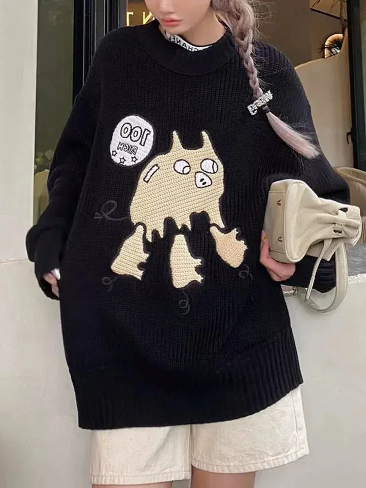 Autumn Winter Cartoon Sweater Streetwear Green Oversized Pullovers For Women Rose Red Knitted Top Warm Soft Jumper C-175