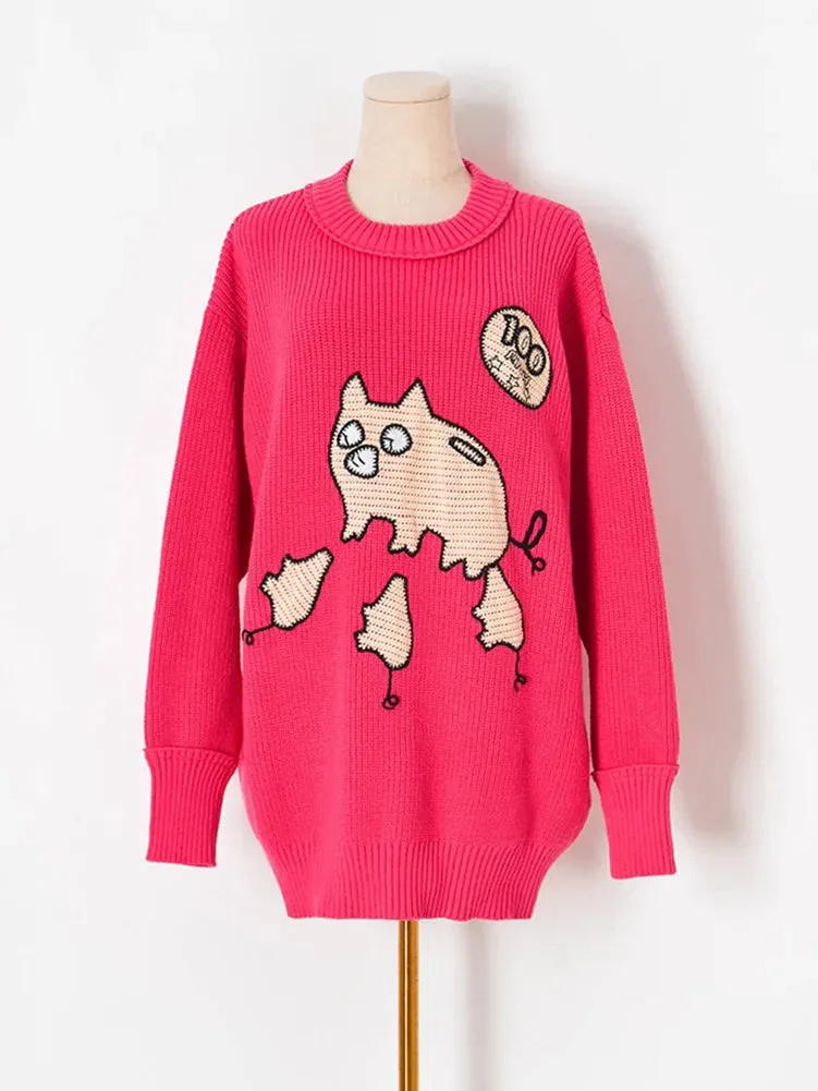 Autumn Winter Cartoon Sweater Streetwear Green Oversized Pullovers For Women Rose Red Knitted Top Warm Soft Jumper C-175