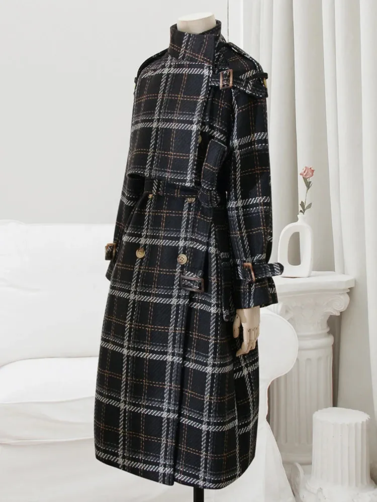 Autumn Winter Long Loose Warm Plaid Wool Blends Raglan Sleeve Belt Double Breasted Woolen Stylish Coat