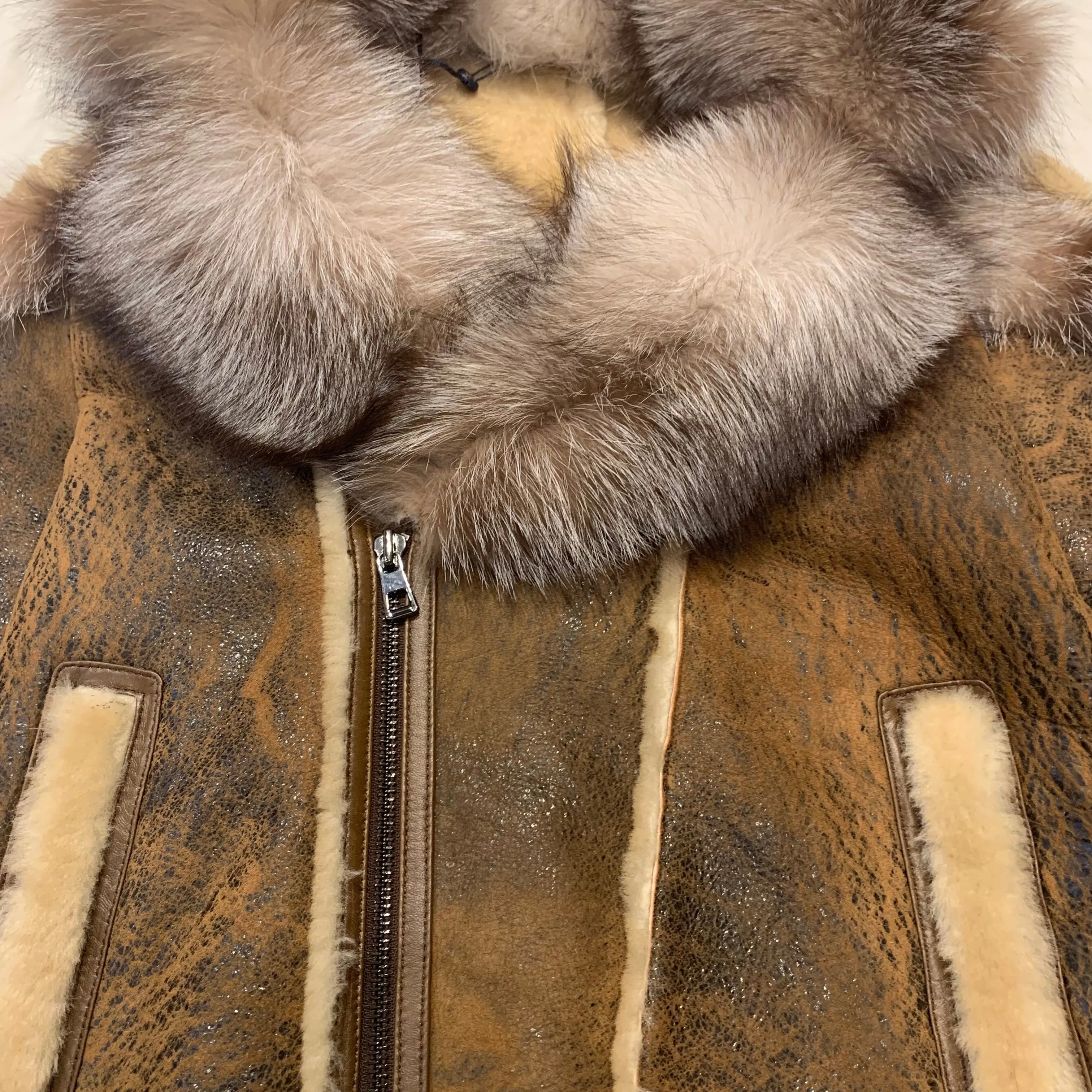 Barya NewYork Caramel Oversized Fox Collar Biker Shearling Coat