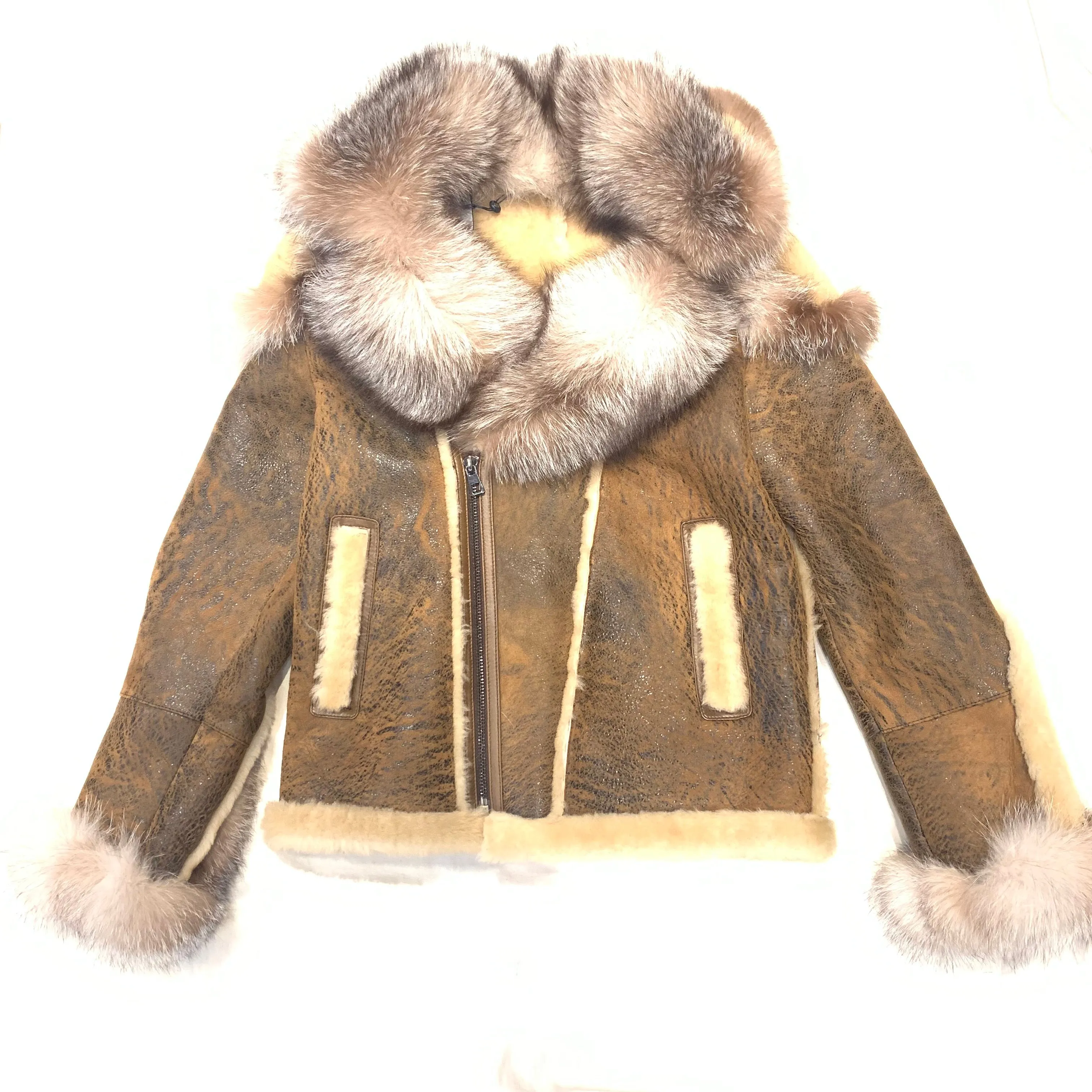 Barya NewYork Caramel Oversized Fox Collar Biker Shearling Coat