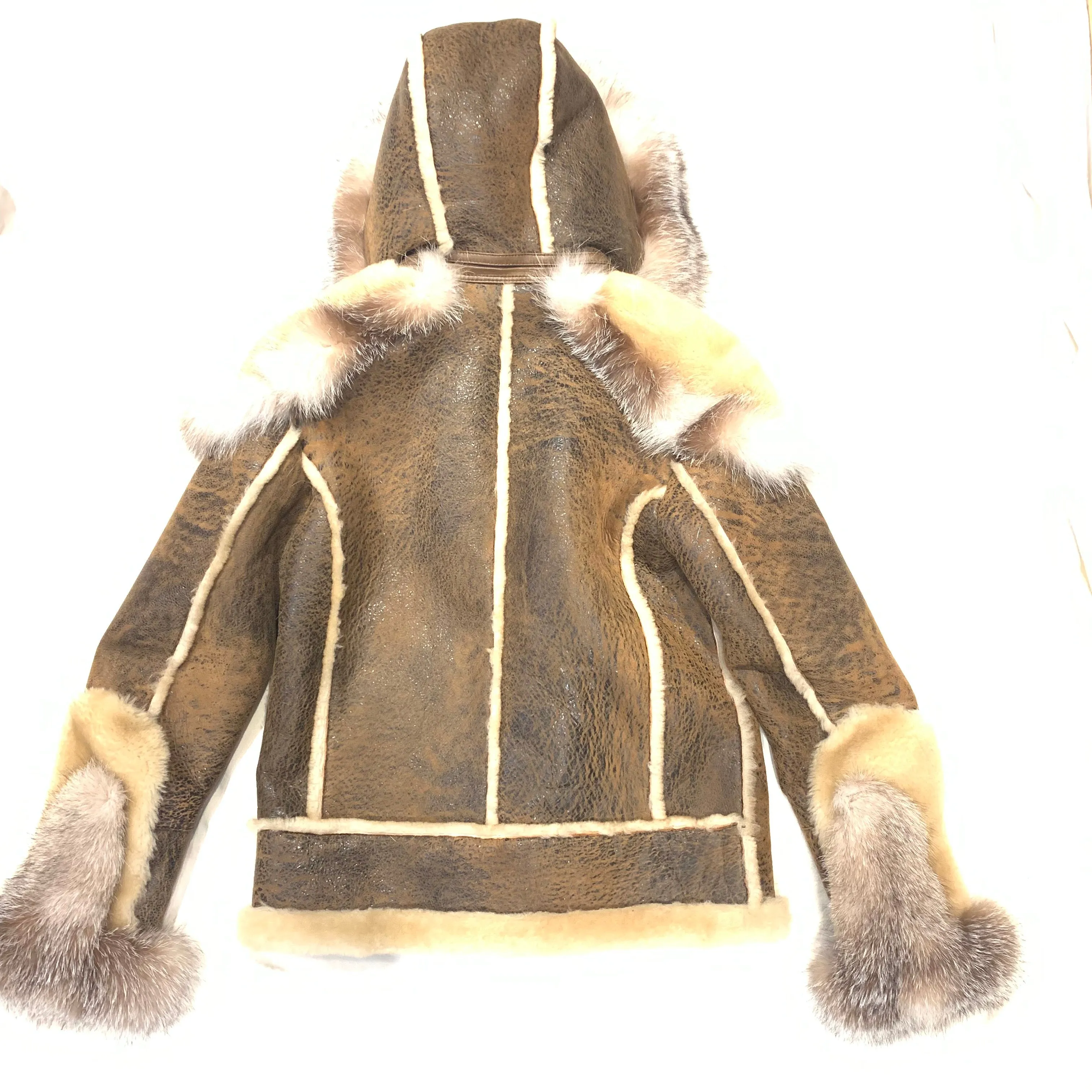 Barya NewYork Caramel Oversized Fox Collar Biker Shearling Coat