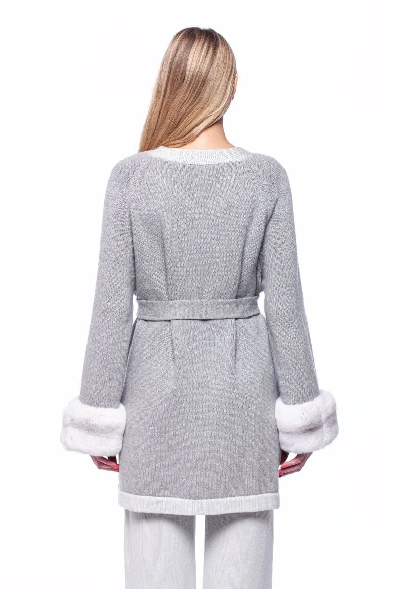 Belted Chinchilla Fur Cuff Cardigan