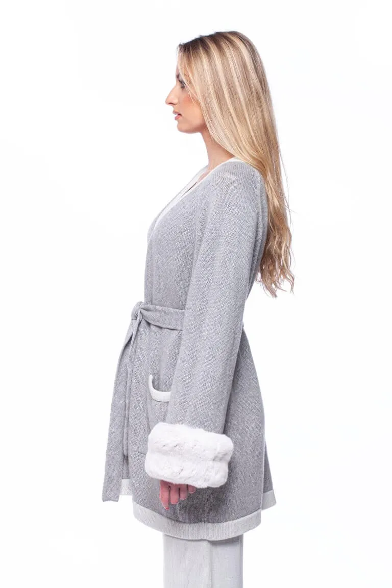 Belted Chinchilla Fur Cuff Cardigan