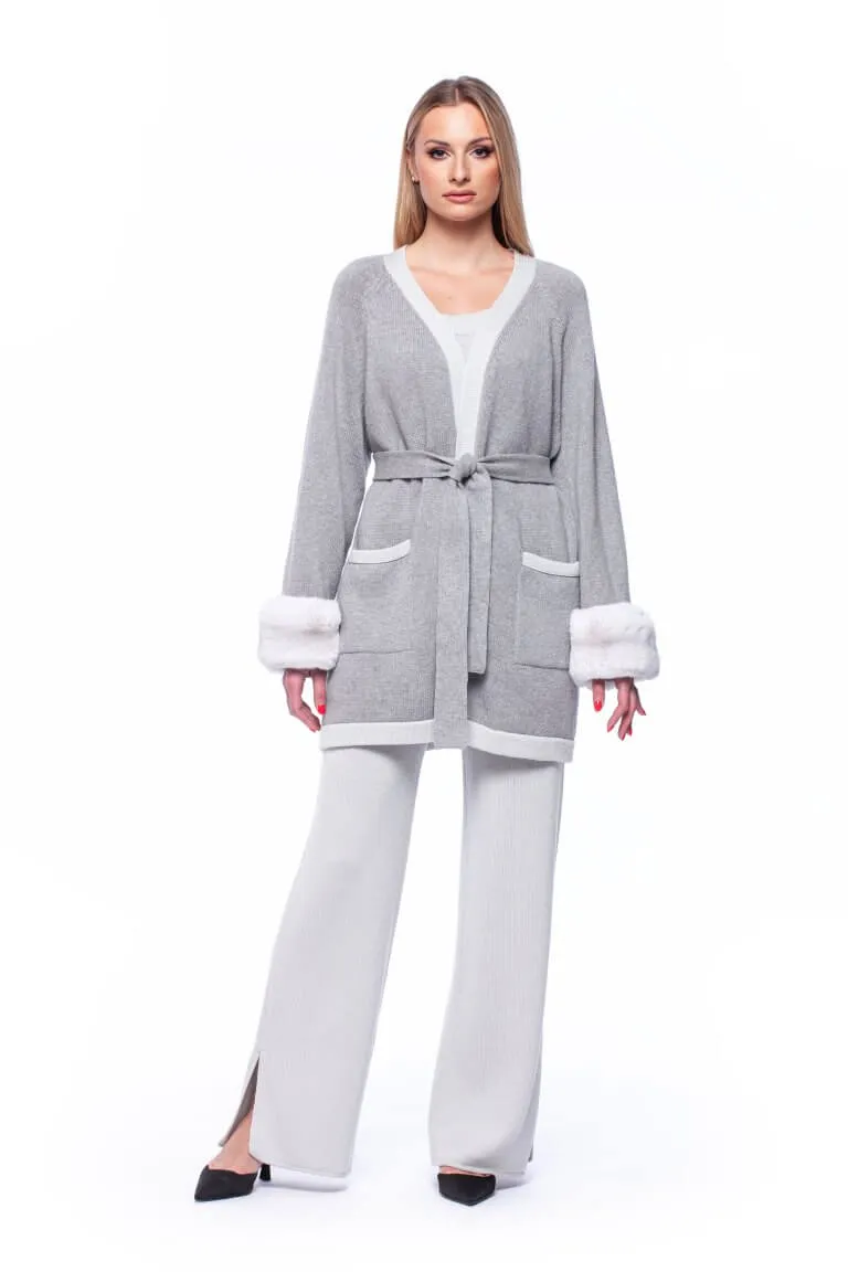 Belted Chinchilla Fur Cuff Cardigan