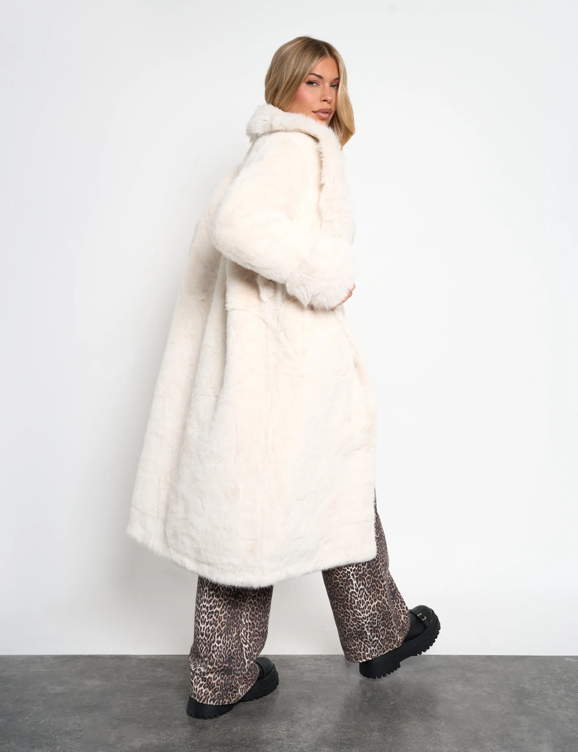 Belted Faux Fur Long Coat White