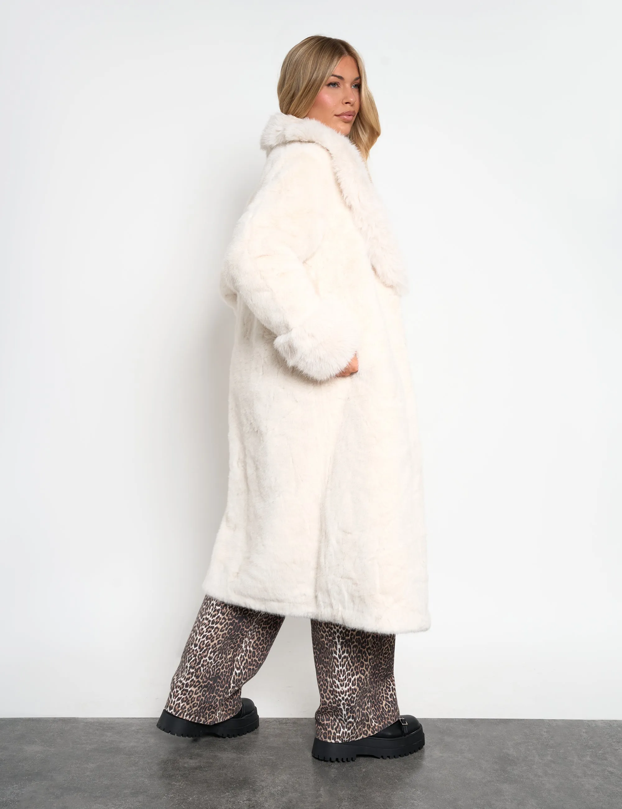 Belted Faux Fur Long Coat White