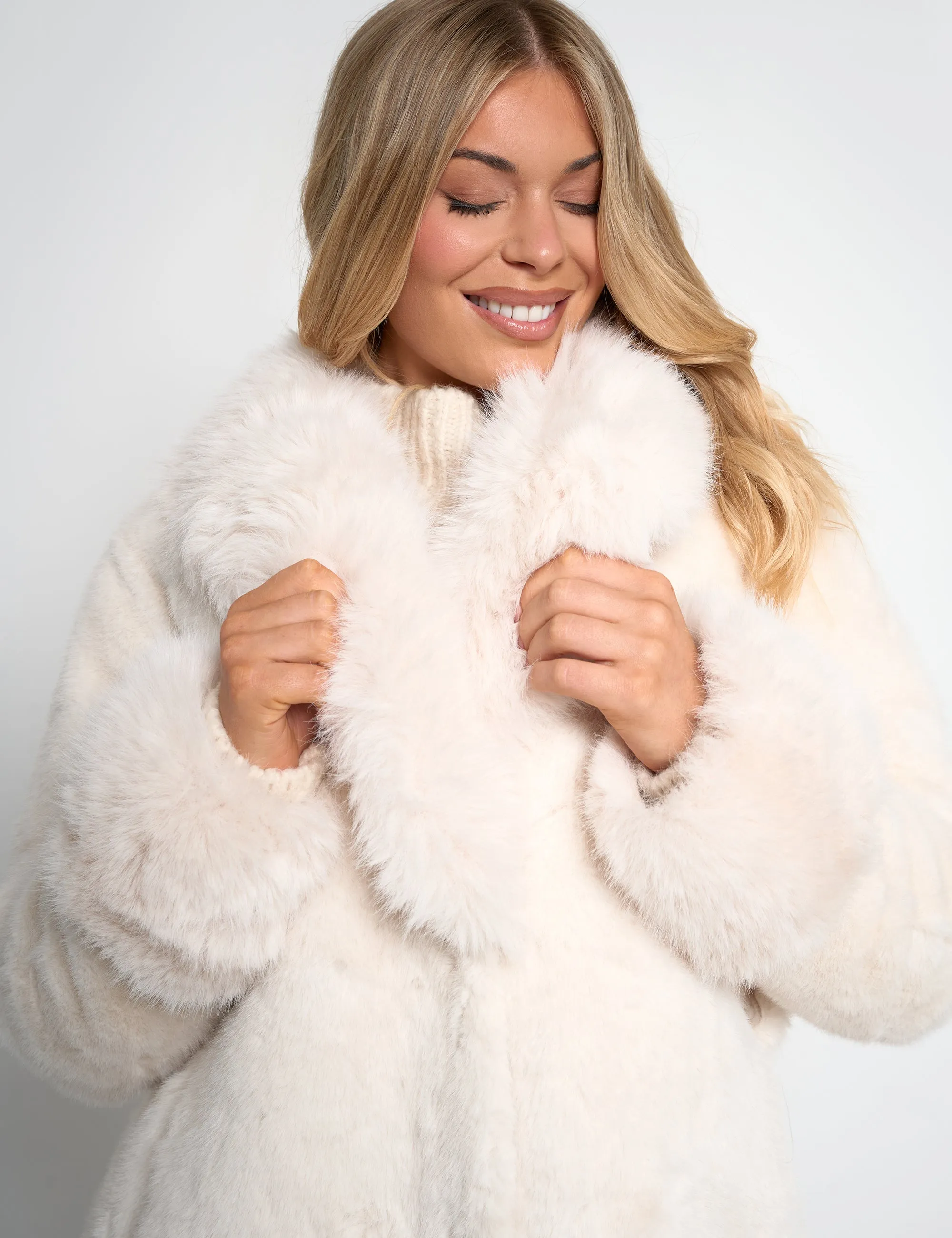 Belted Faux Fur Long Coat White