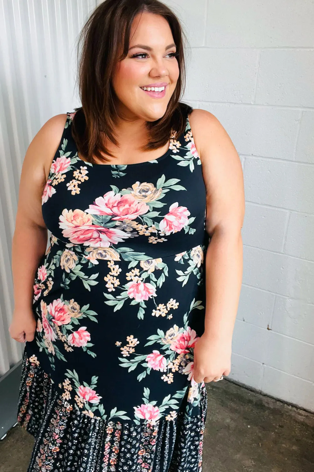 Black Floral Fit & Flare Sleeveless Midi Dress