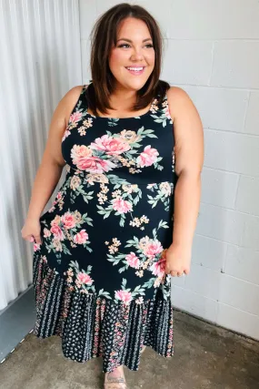 Black Floral Fit & Flare Sleeveless Midi Dress