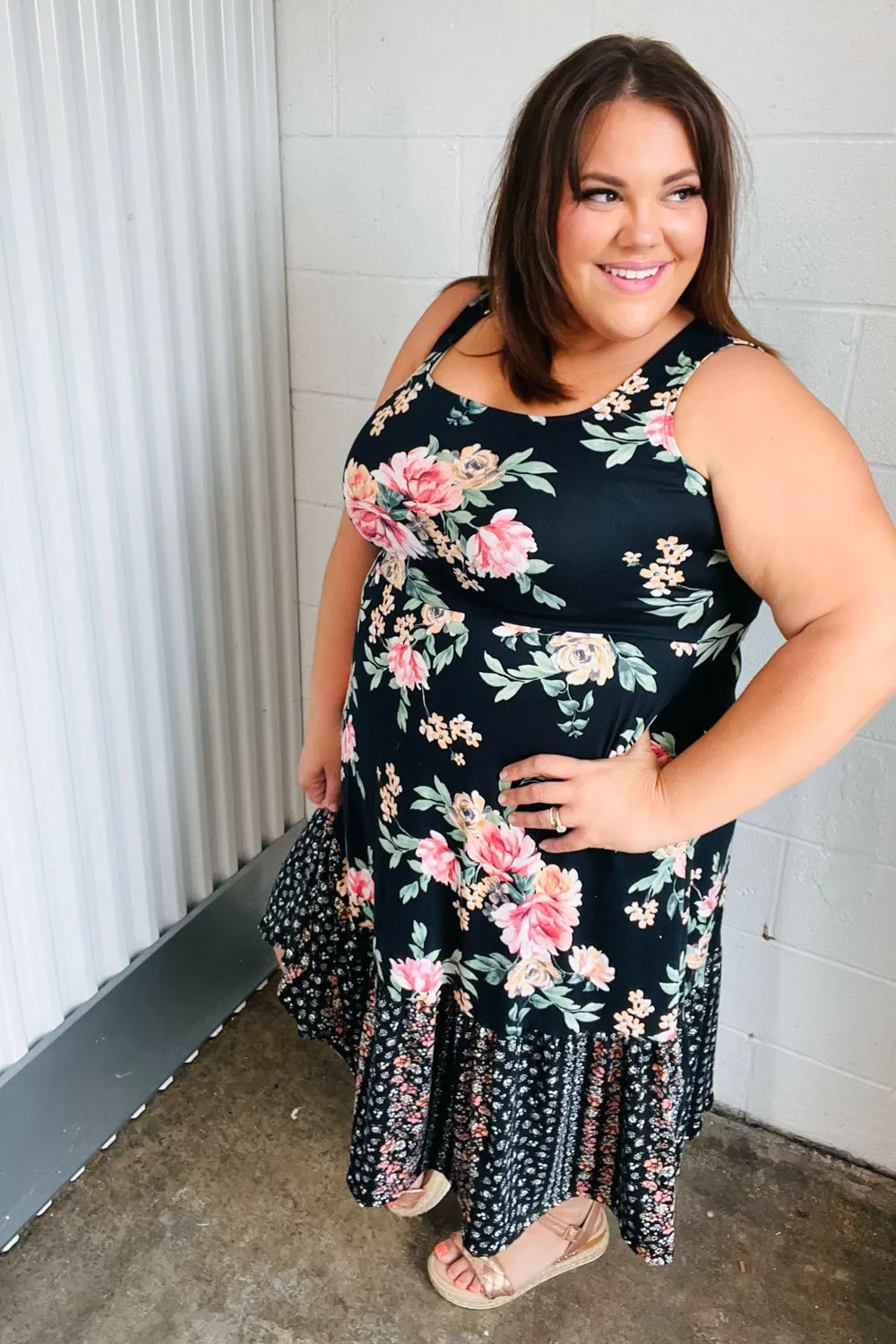 Black Floral Fit & Flare Sleeveless Midi Dress