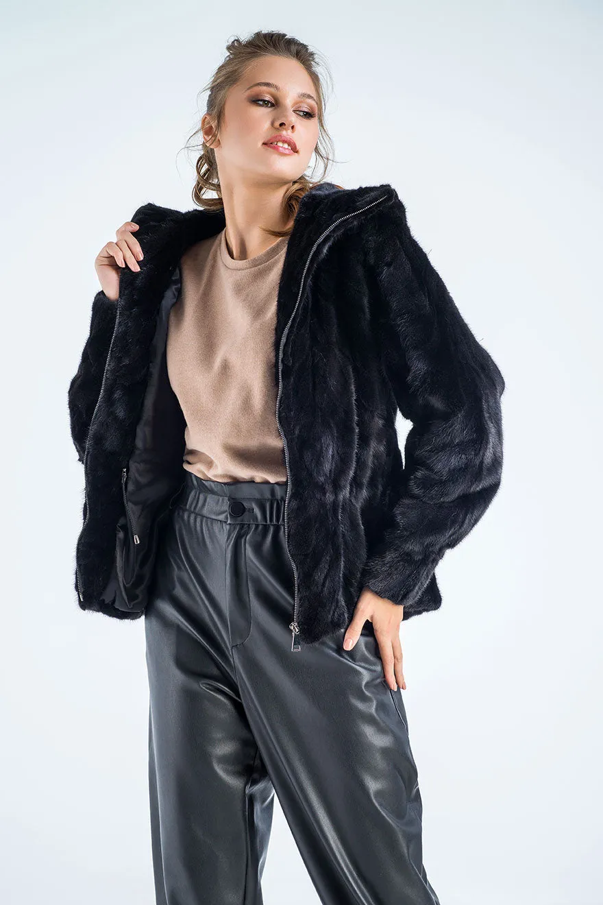 Black Genuine Mink Fur Hooded Jacket