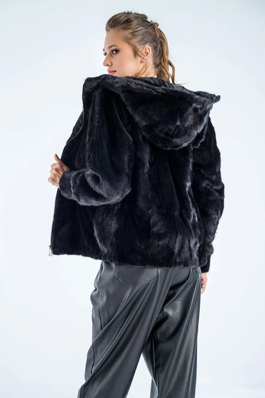 Black Genuine Mink Fur Hooded Jacket