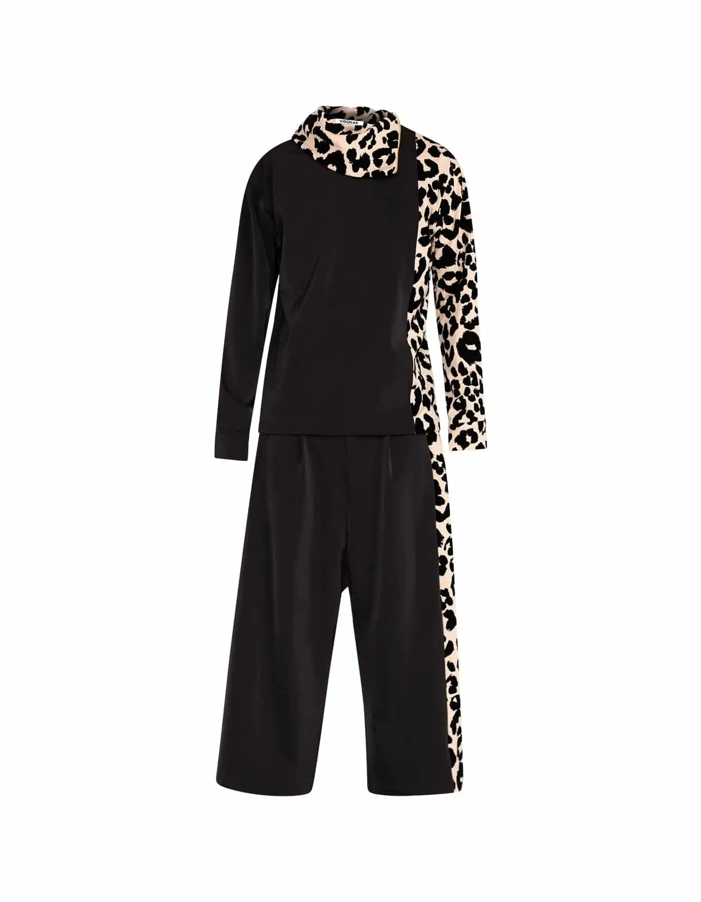 Black  Nylon with Leopard Print Contrast Panel Two-Piece Set