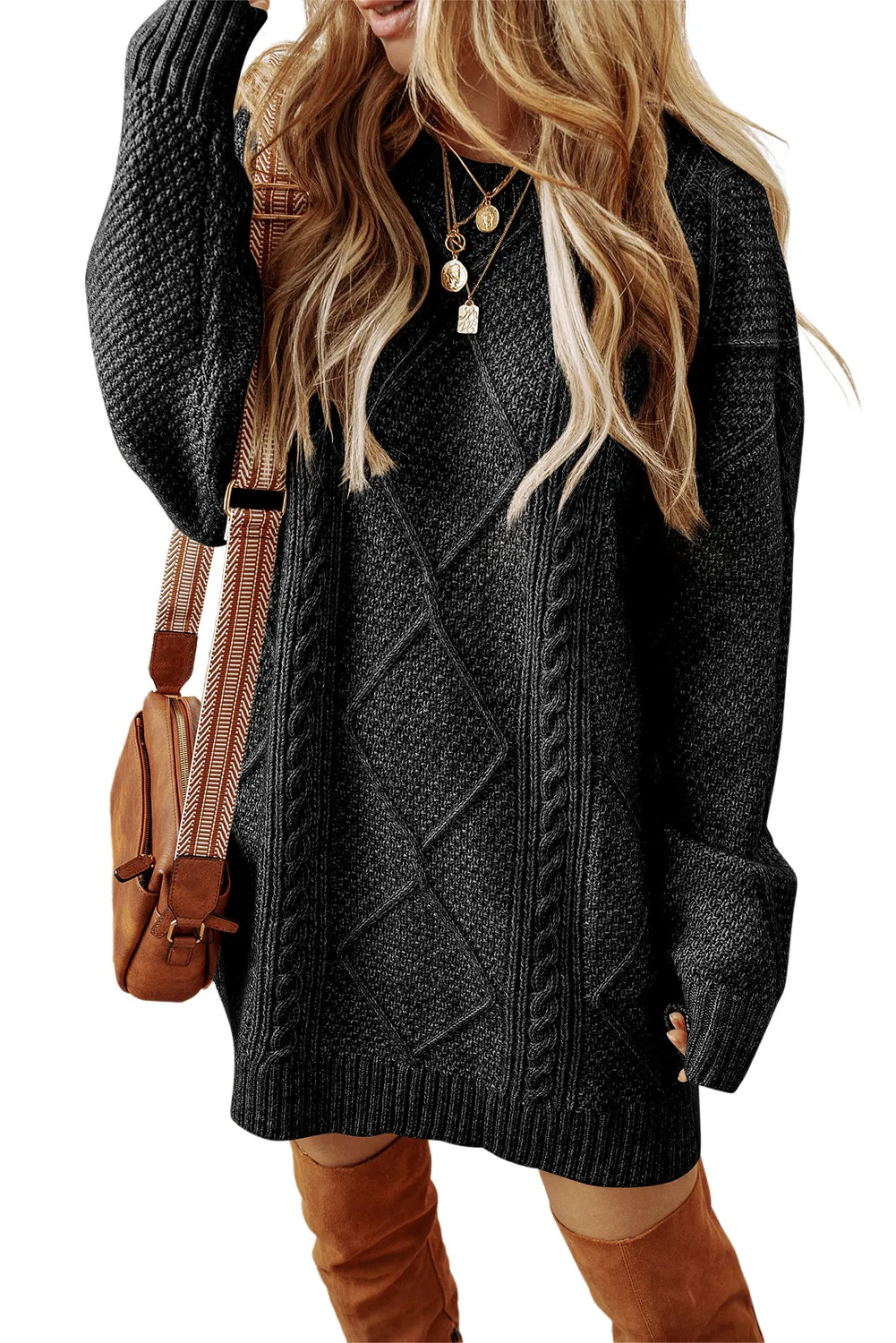 Black Twist Cable Knit Drop Shoulder Loose Fit Sweater Dress