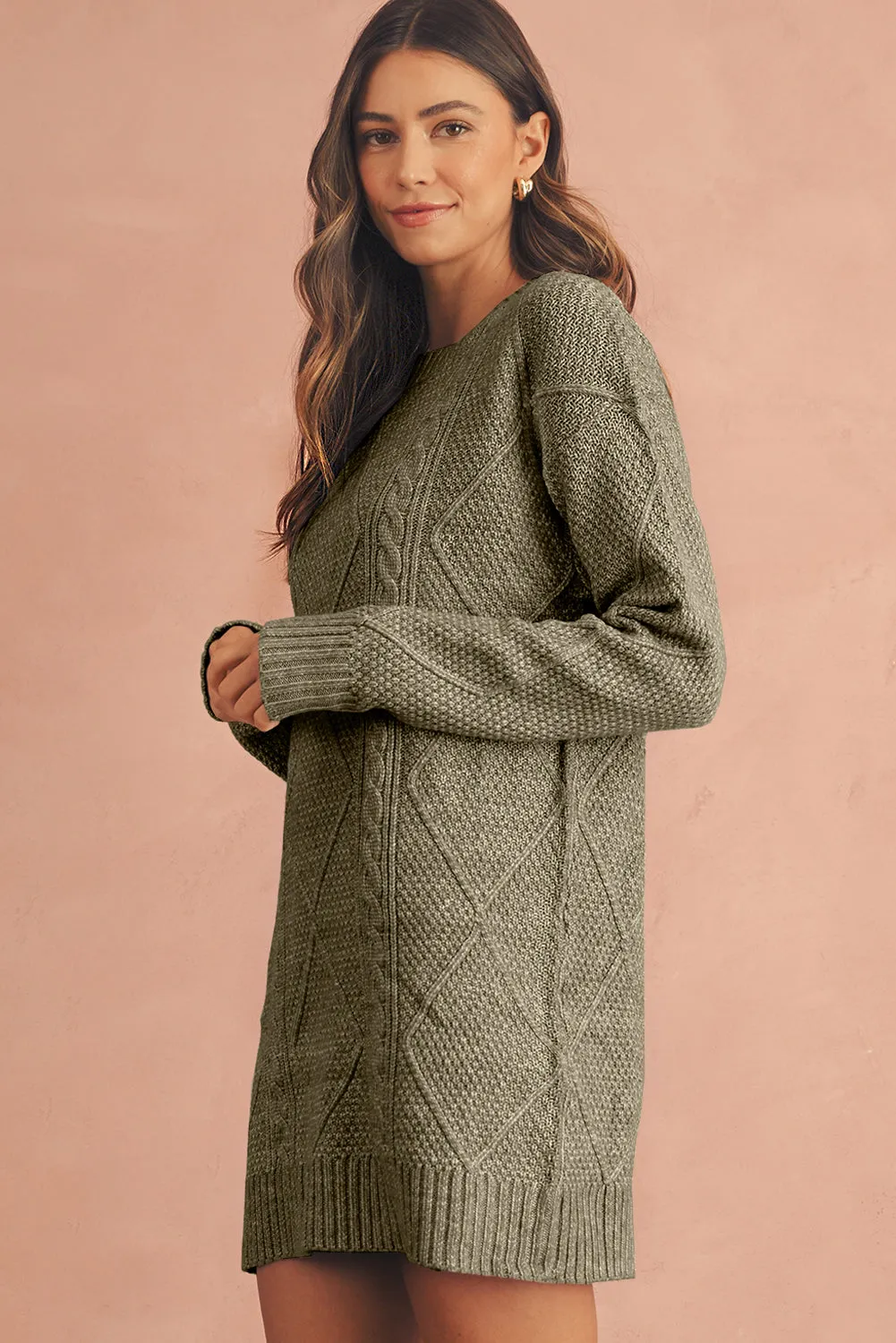 Black Twist Cable Knit Drop Shoulder Loose Fit Sweater Dress