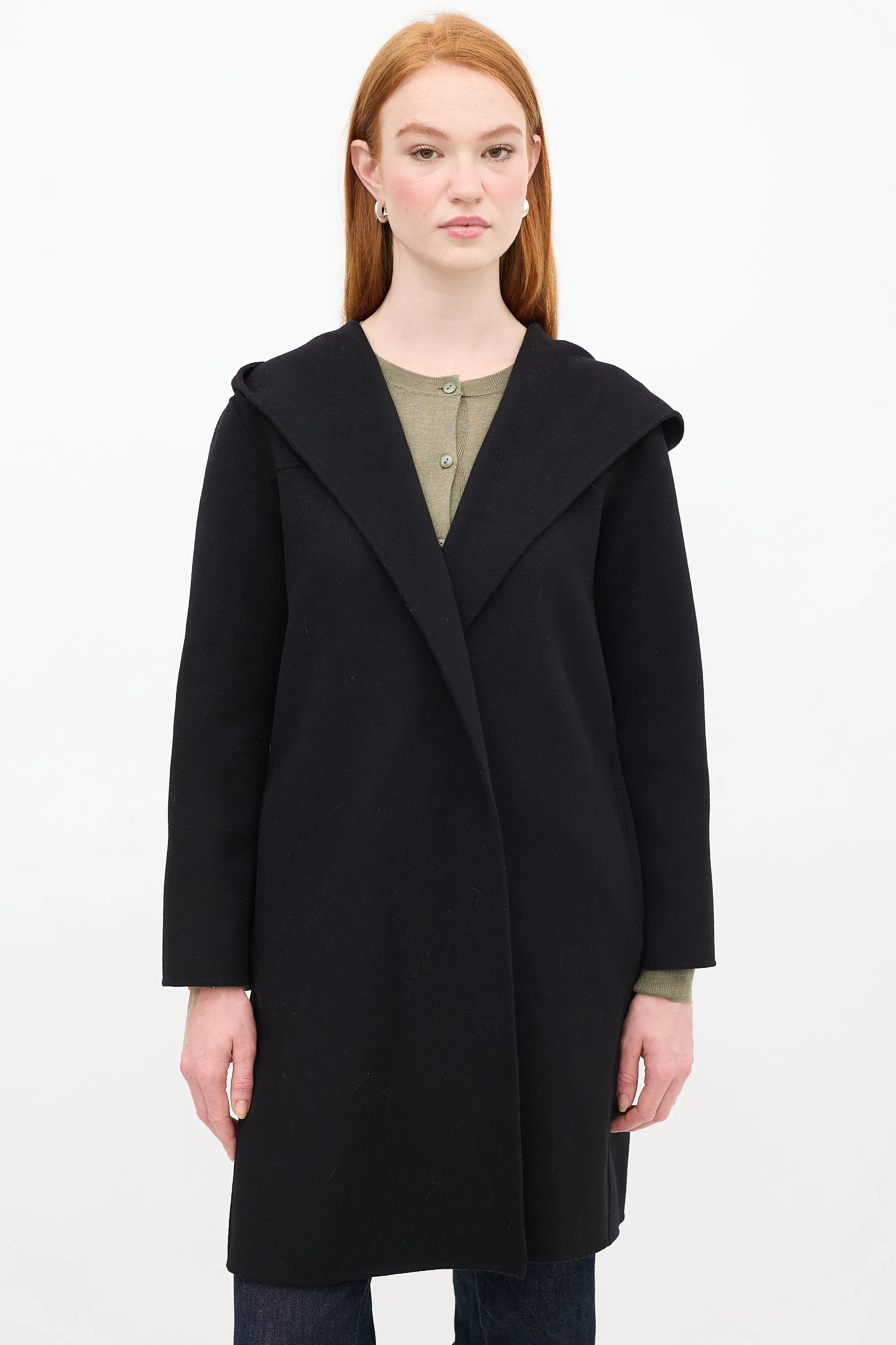 Black Wool Open Front Coat