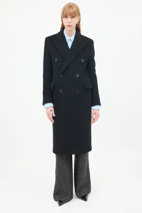 Black Wool Tweed Double Breasted Long Coat