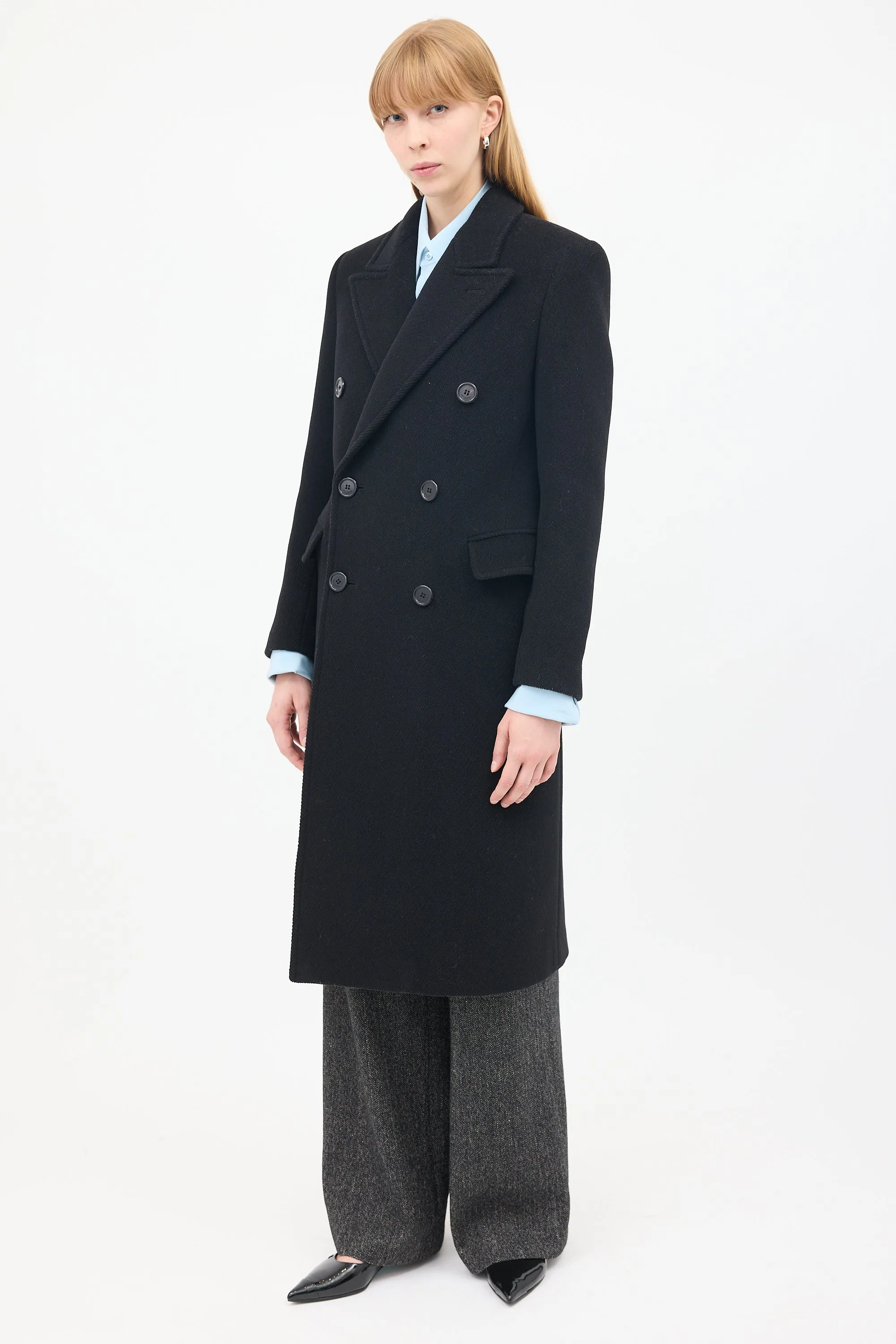 Black Wool Tweed Double Breasted Long Coat