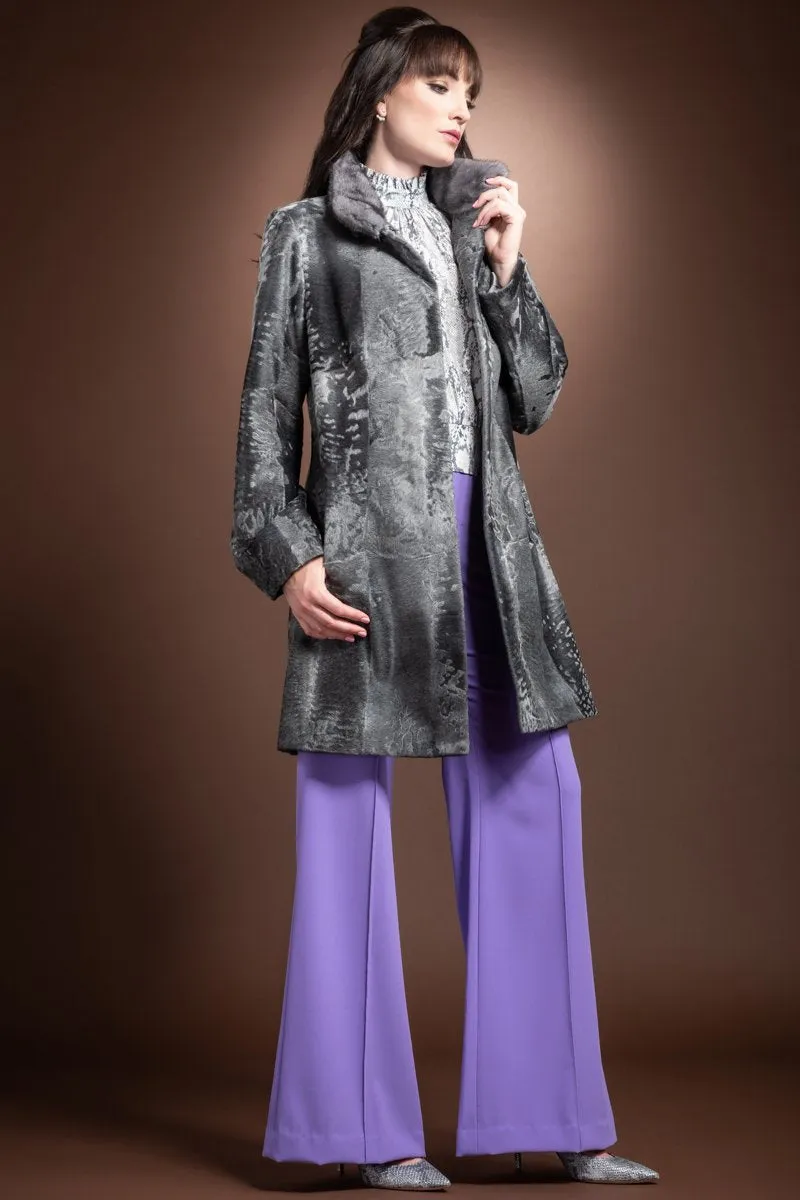 Blue Iris Mink Trimmed Straight Gray Russian Mid Length Broadtail Fur Coat