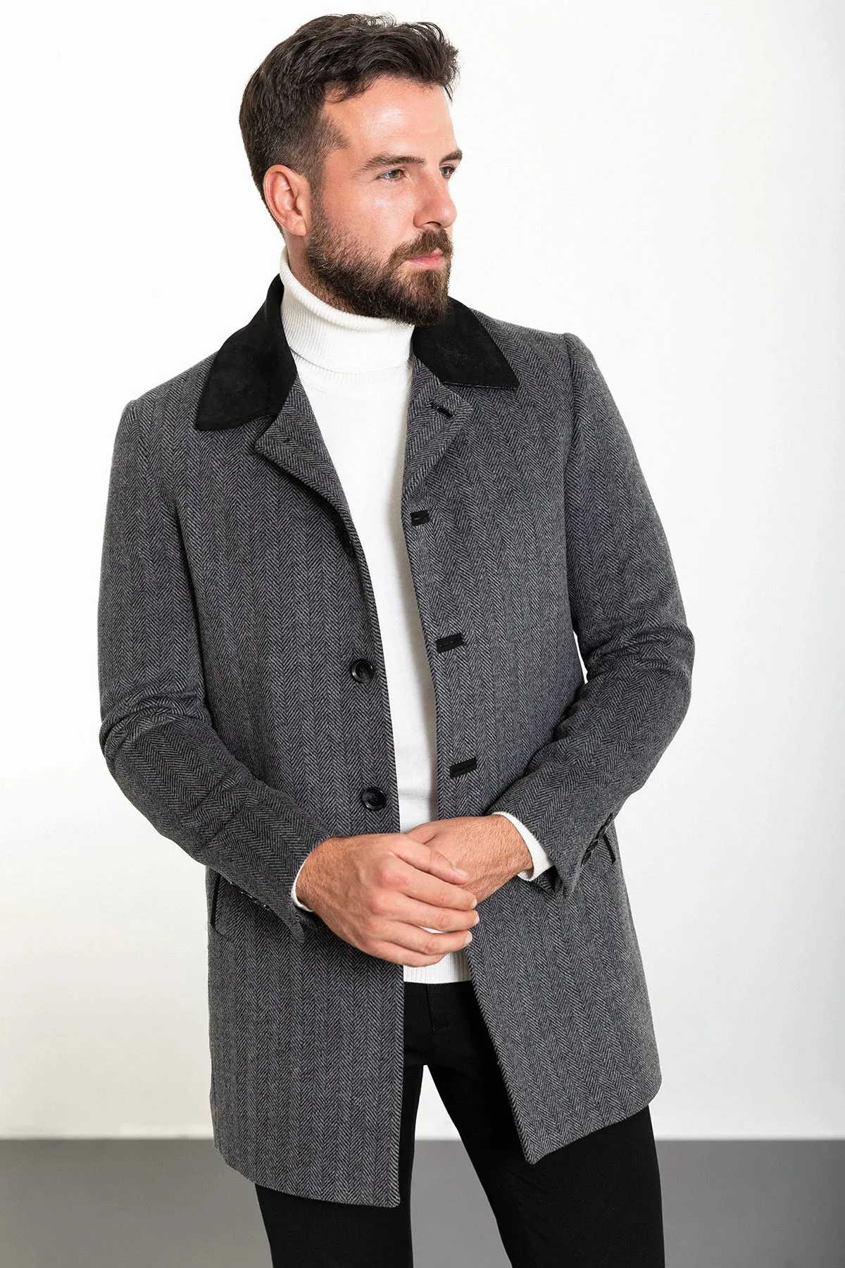 Bojoni Capena Patterned Slim Fit Collar Detailed Stamped  Gray Coat