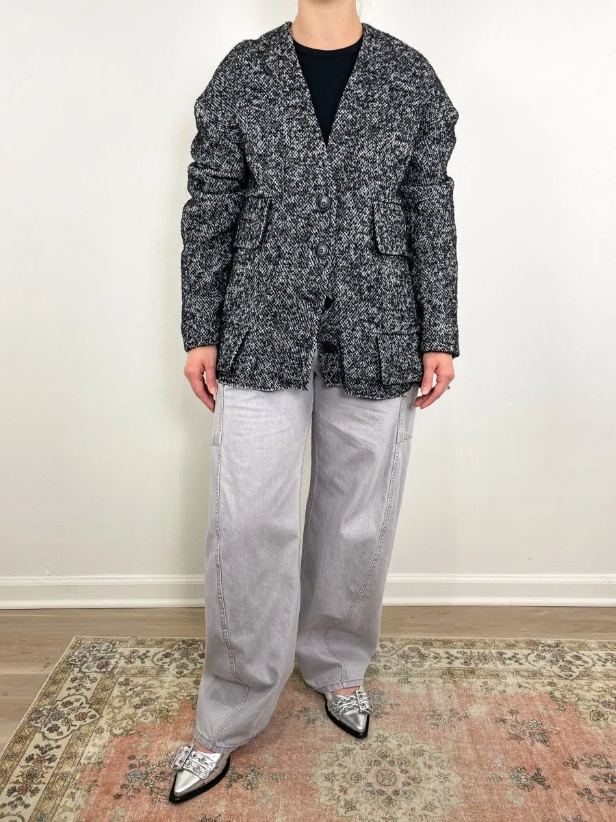 Boucle Tweed Cardigan Coat in Black/Ivory Multi