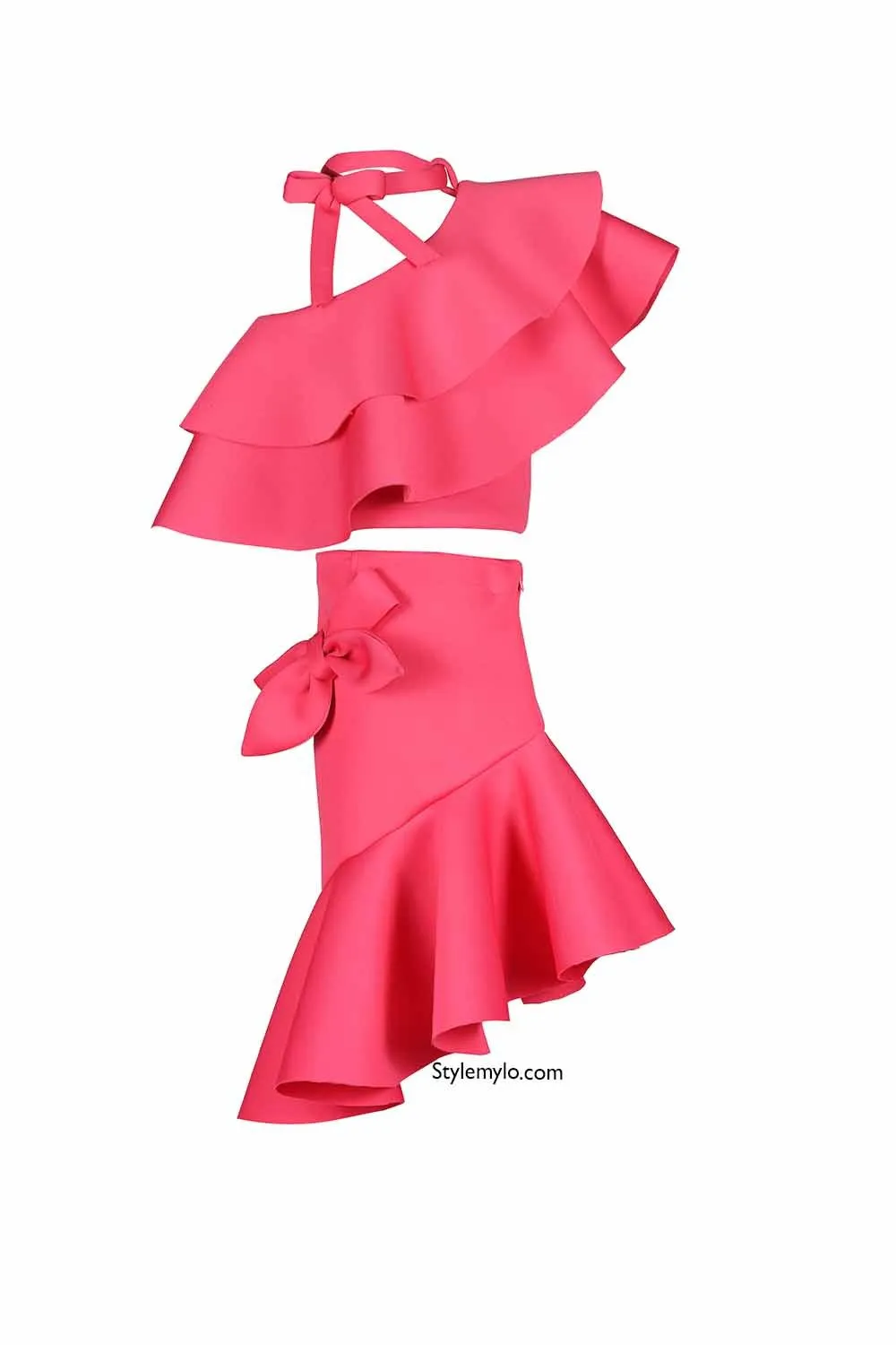 Bow Knot Ruffle Crop Top With Bow Skirt