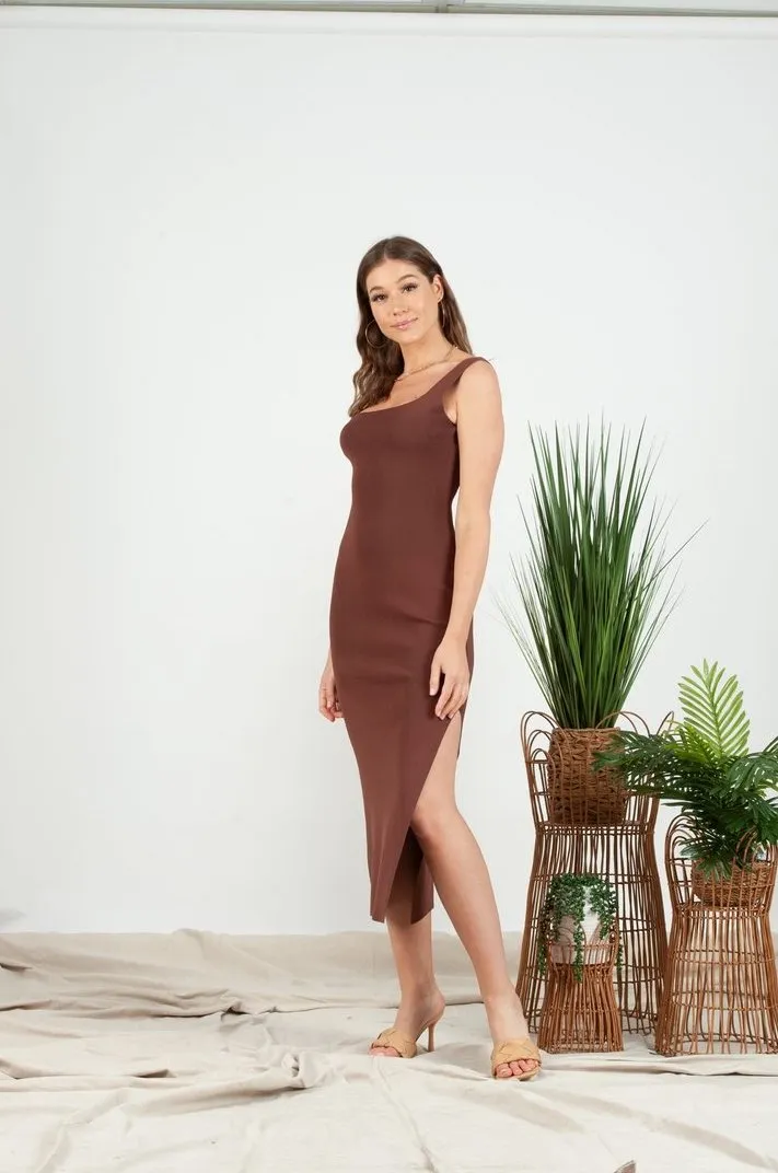 Brown Knit Square Neck Midi Dress