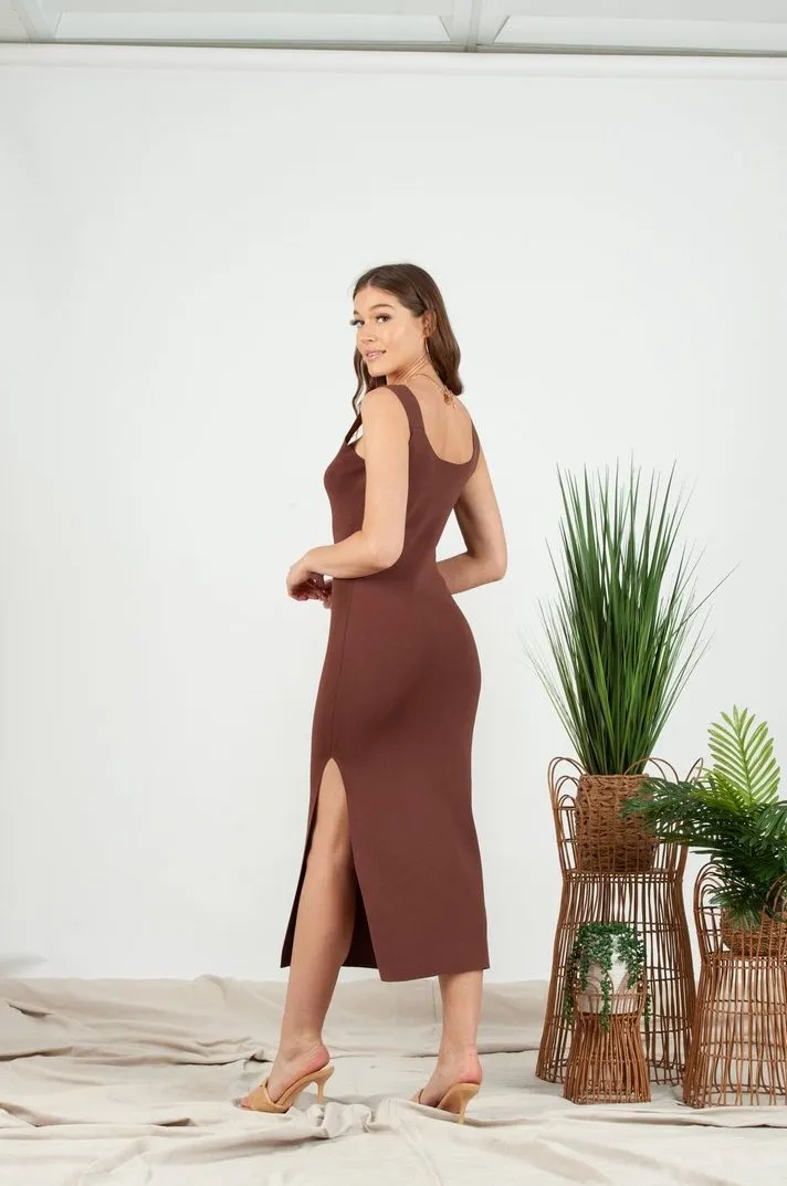 Brown Knit Square Neck Midi Dress